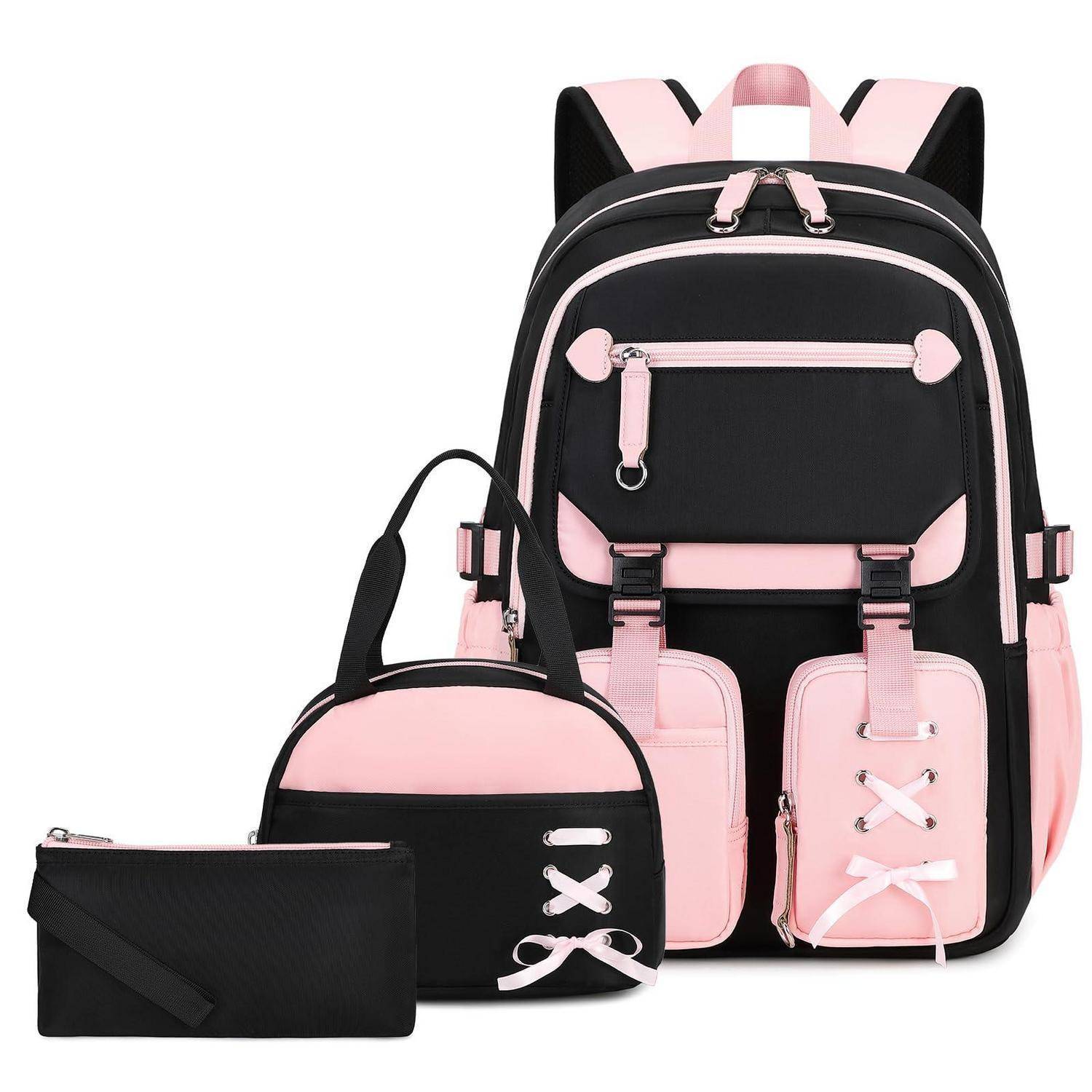 Schwarzer und rosa Rucksackset mit passendem Lunchbeutel und Federmäppchen, mit mehreren verschließbaren Fächern und Schleifendetails.