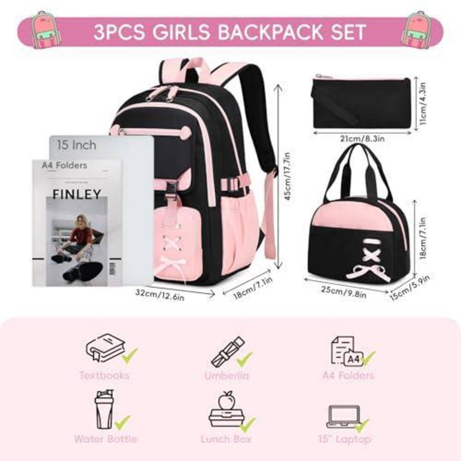 3-teiliges Rucksackset für Mädchen, gezeigt mit schwarzem und rosa Rucksack, Beutel und Tragetasche; gekennzeichnet als passend für 15-Zoll-Laptop und A4-Ordner, mit Abmessungen und Artikelsymbolen.