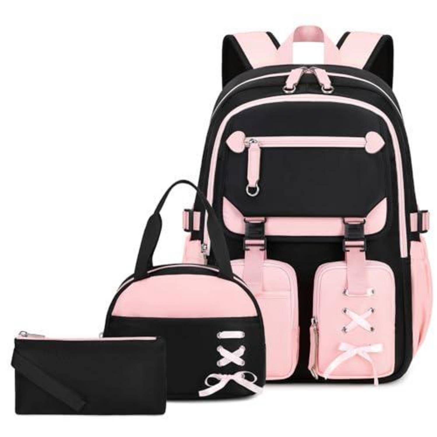 Schwarz-rosa Rucksack-Set mit großem Rucksack, passendem Schulterbeutel und Reißverschluss-Federtasche auf weißem Hintergrund.