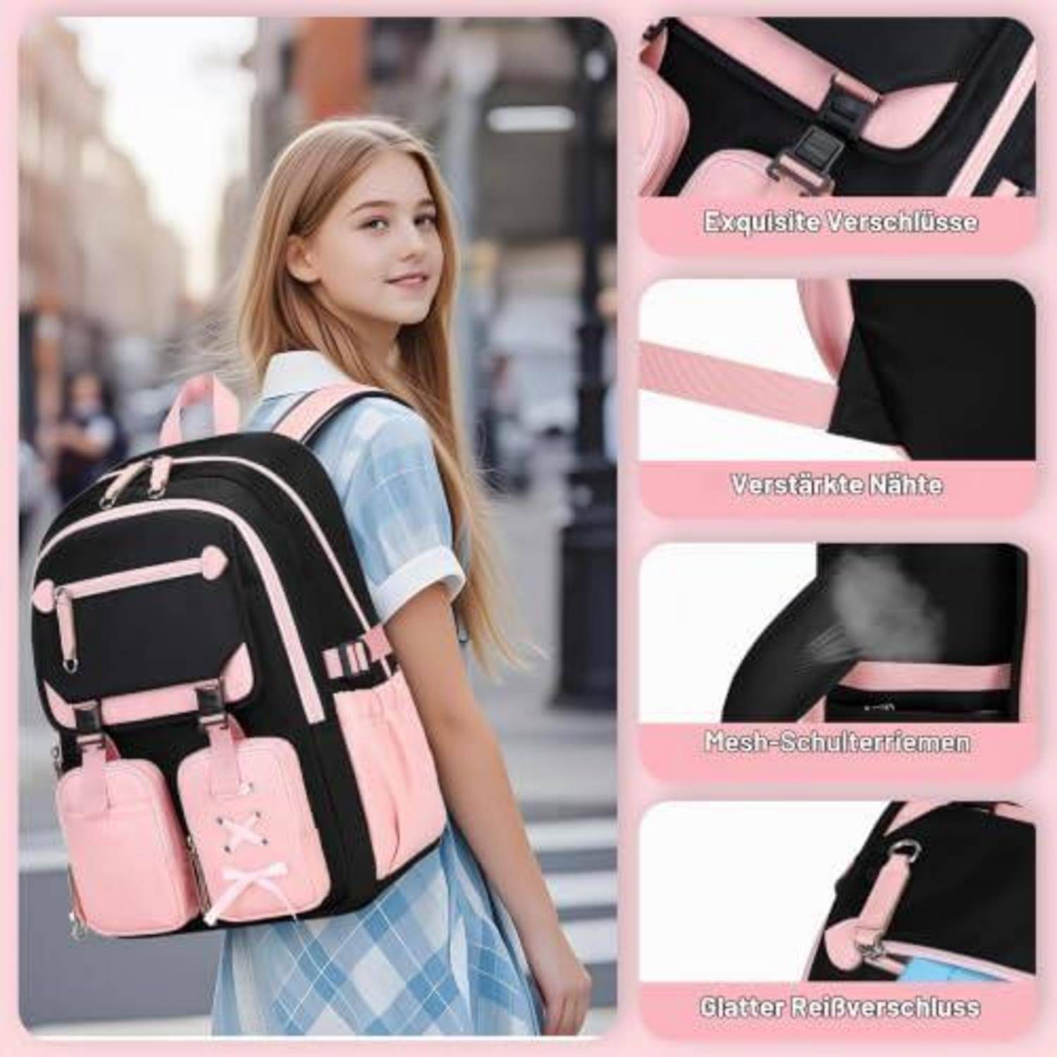 Mädchen mit einem schwarz-rosa Rucksack in einer Straßenszene, mit Funktionshinweisen, die 