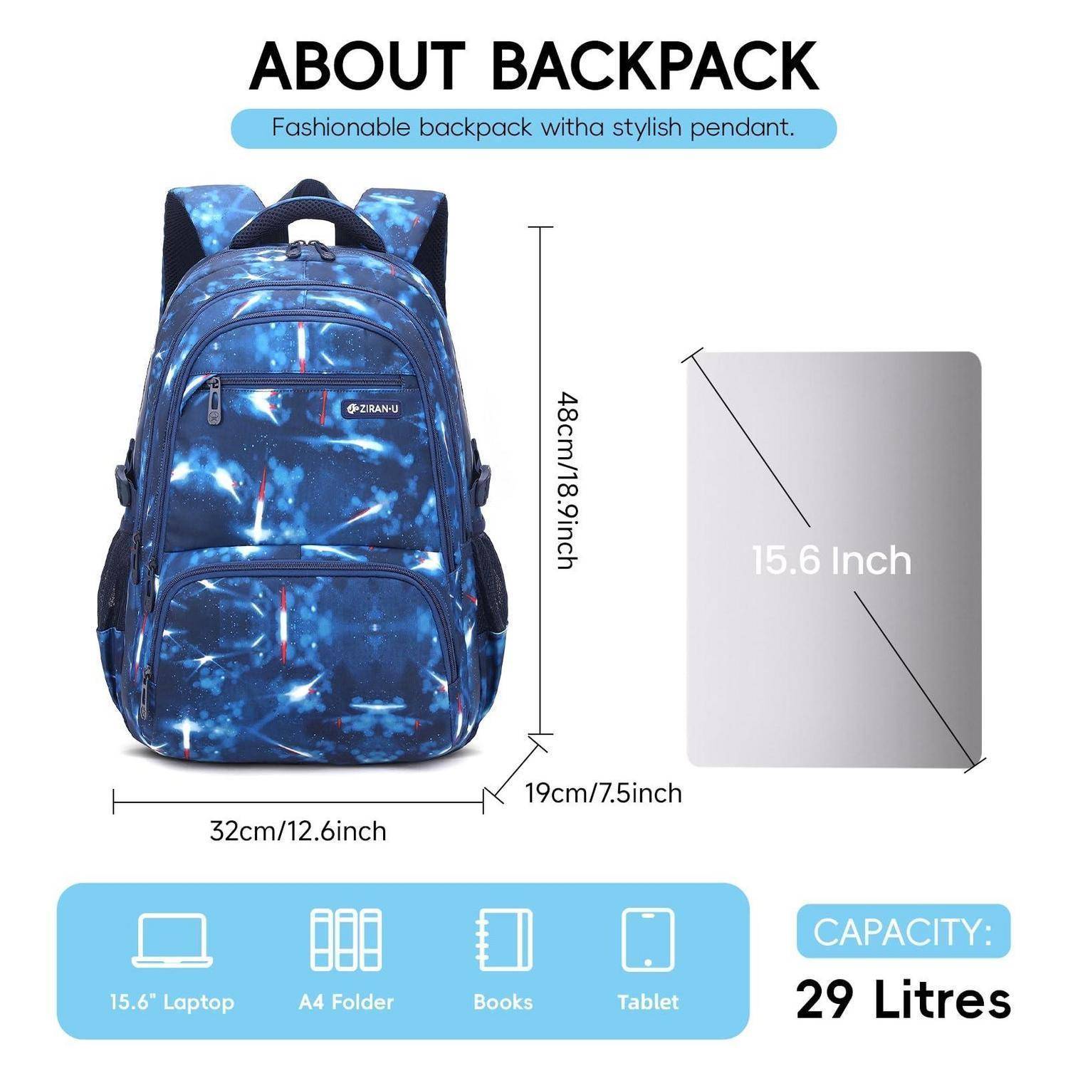 Rucksack-Produktgrafik mit einem blauen Rucksack mit Galaxie-Muster, Größe 48 x 32 x 19 cm, passt für 15,6-Zoll-Laptop, Fassungsvermögen 29 Liter.