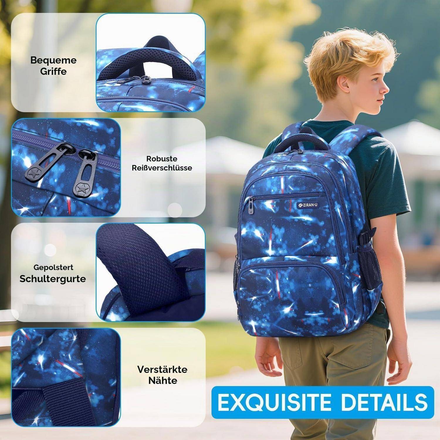 Junge, der einen blauen Rucksack mit Galaxiemuster im Freien trägt, mit Beschriftungen in Deutsch, die bequeme Griffe, robuste Reißverschlüsse, gepolsterte Schultergurte und verstärkte Nähte hervorheben.