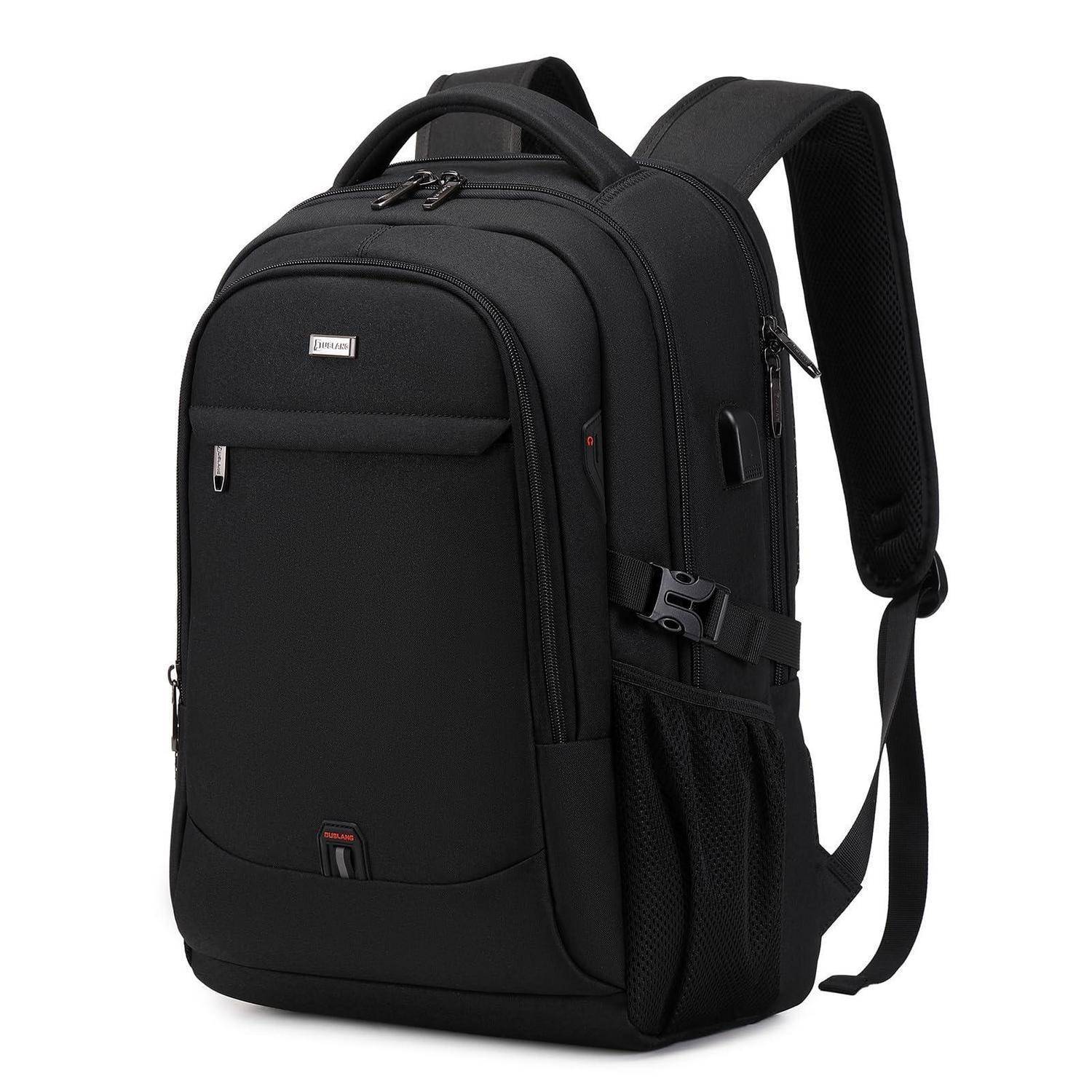 Schwarzer Laptop-Rucksack mit vorderer Reißverschlusstasche, seitlichen Netzfächern, Griff oben und gepolsterten Schultergurten auf weißem Hintergrund.