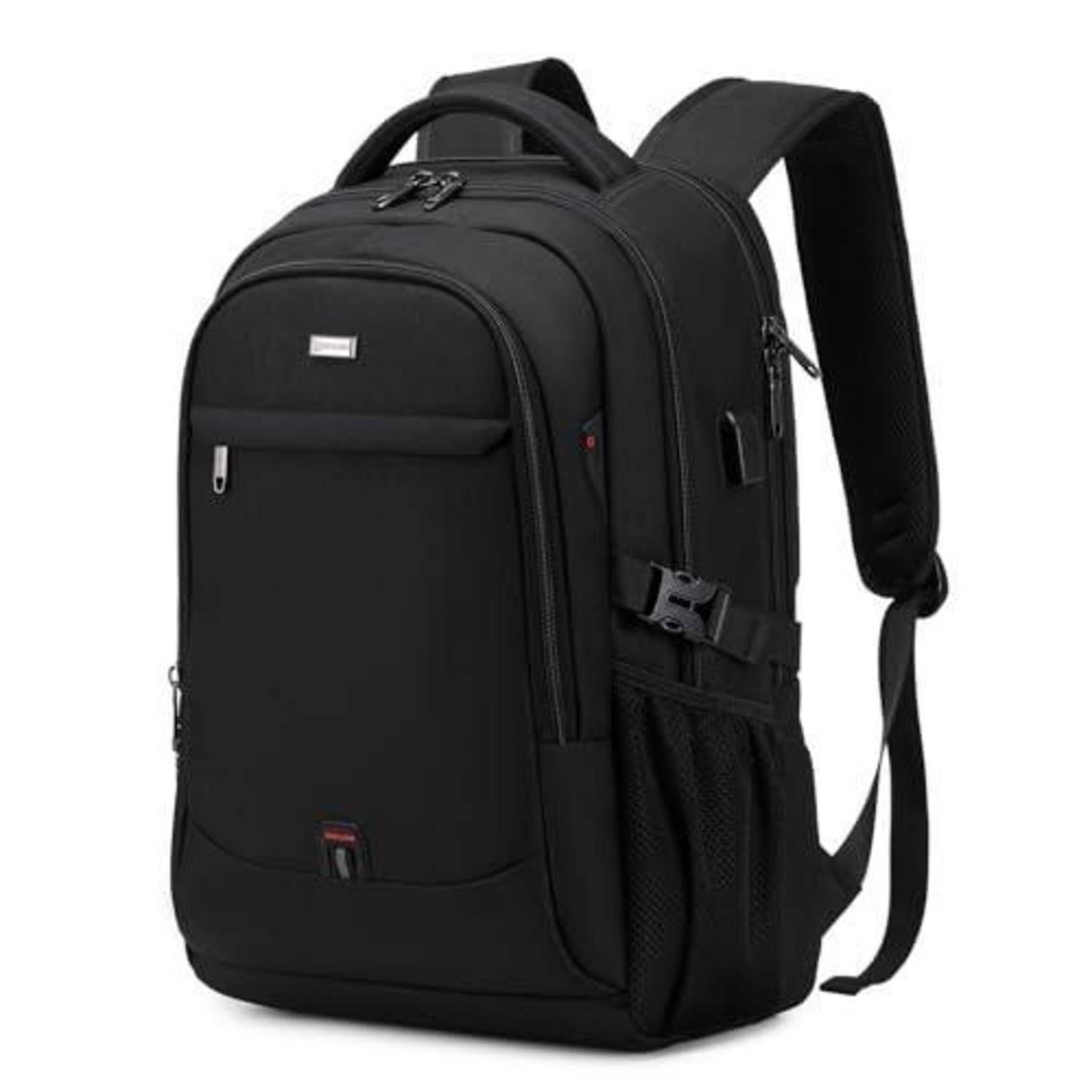 Schwarzer Laptop-Rucksack mit vorderer Reißverschlusstasche, Tragegriff oben, seitlicher Netztasche und gepolsterten Schultergurten auf weißem Hintergrund.