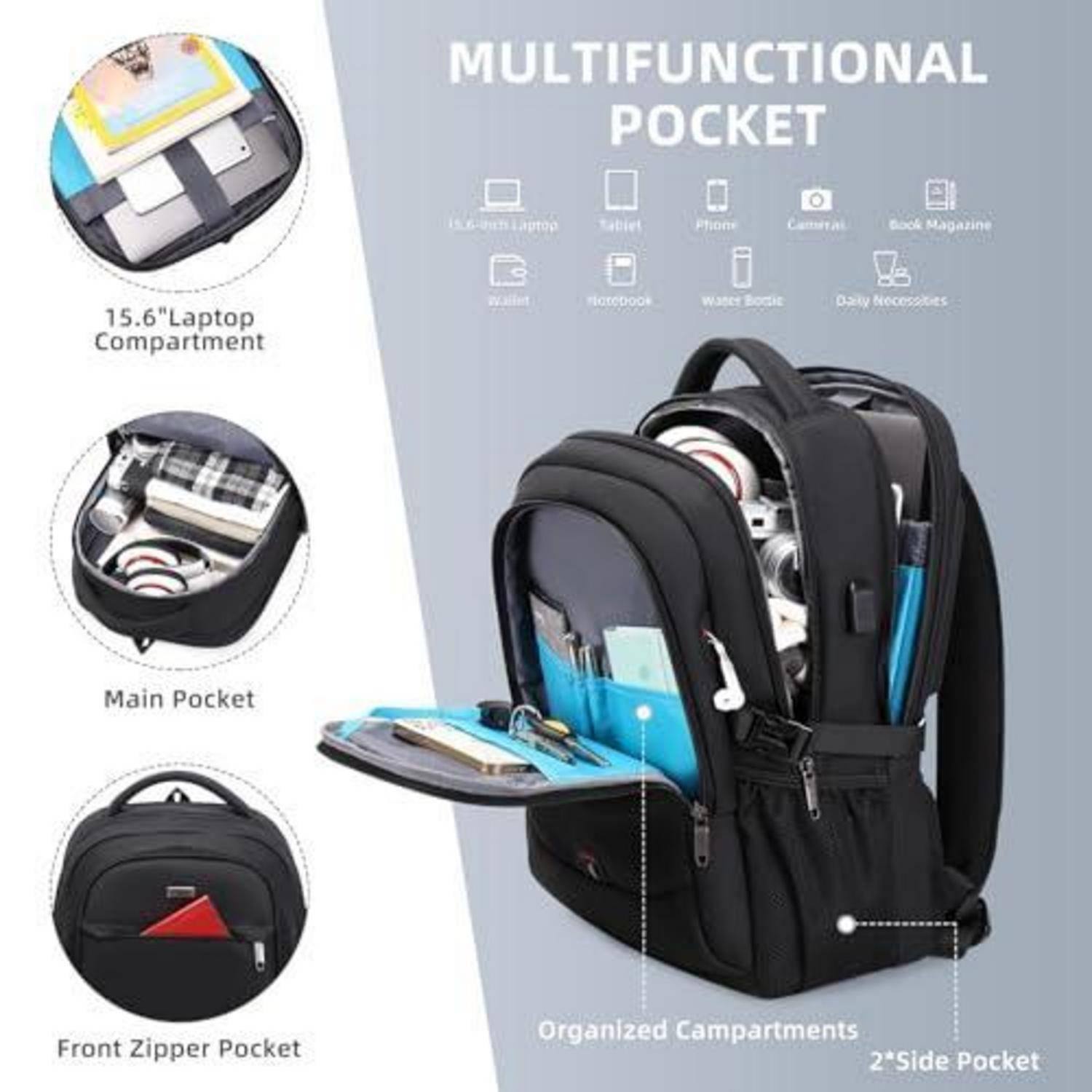 Illustrierter schwarzer Rucksack mit mehreren Fächern und beschrifteten Taschen, der ein 15,6-Zoll-Laptop-Fach, die Haupttasche, eine vordere Reißverschlusstasche und eine Seitentasche hervorhebt.