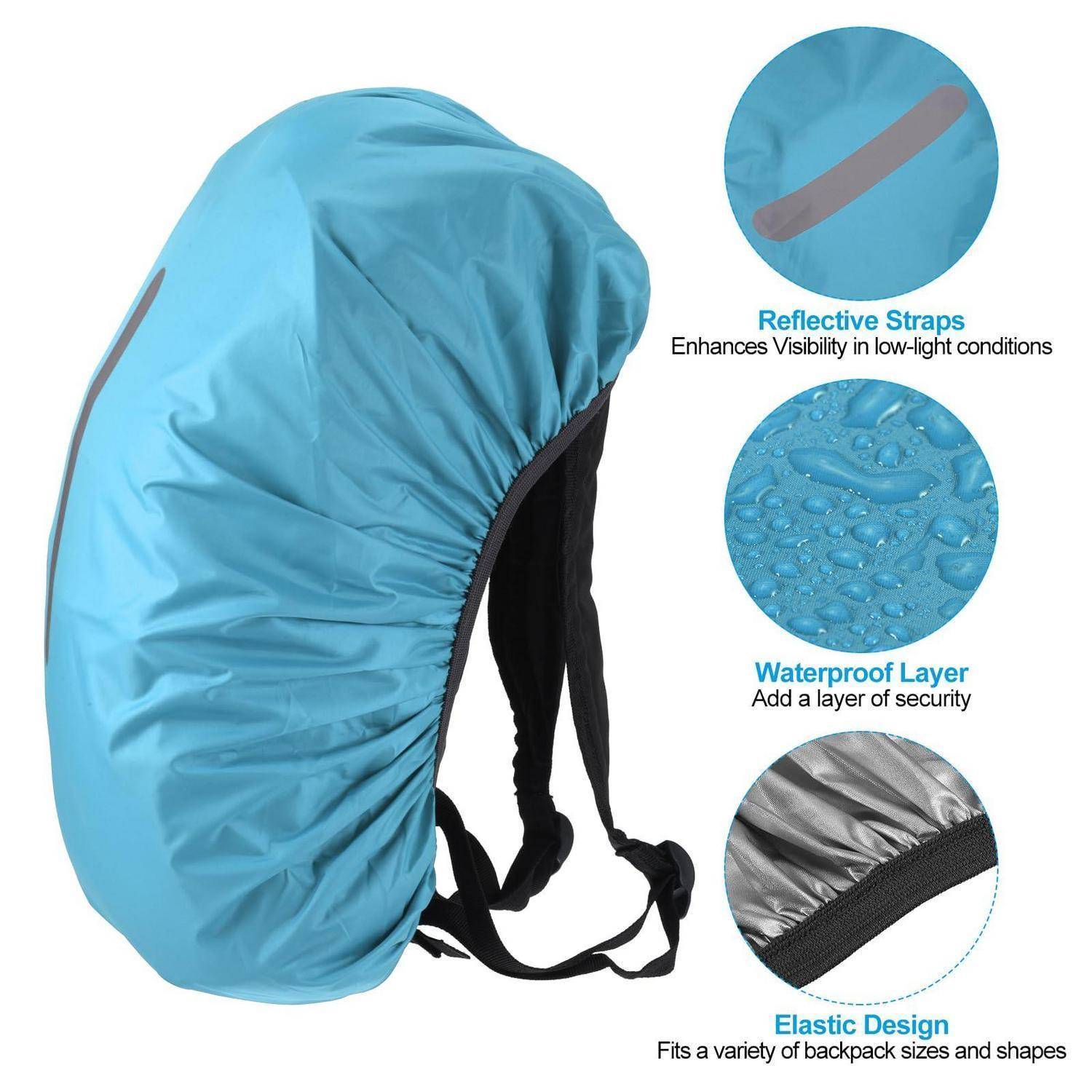 Blauer wasserdichter Rucksackschutz mit elastischer Passform und Riemen, mit Beschriftungen für reflektierende Streifen, wasserdichte Schicht und flexibles Design.