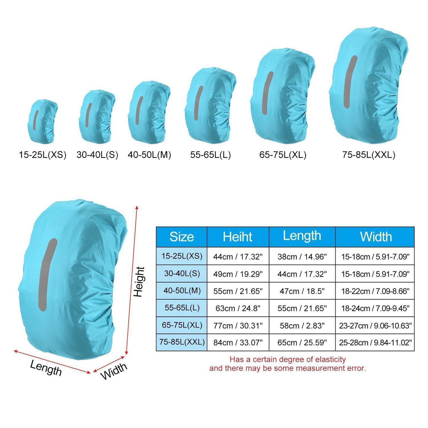 Größentabelle für einen blauen Rucksack-Regenschutz mit sechs Größen von 15-25L XS bis 75-85L XXL mit Höhen-, Längen- und Breitenmessungen.