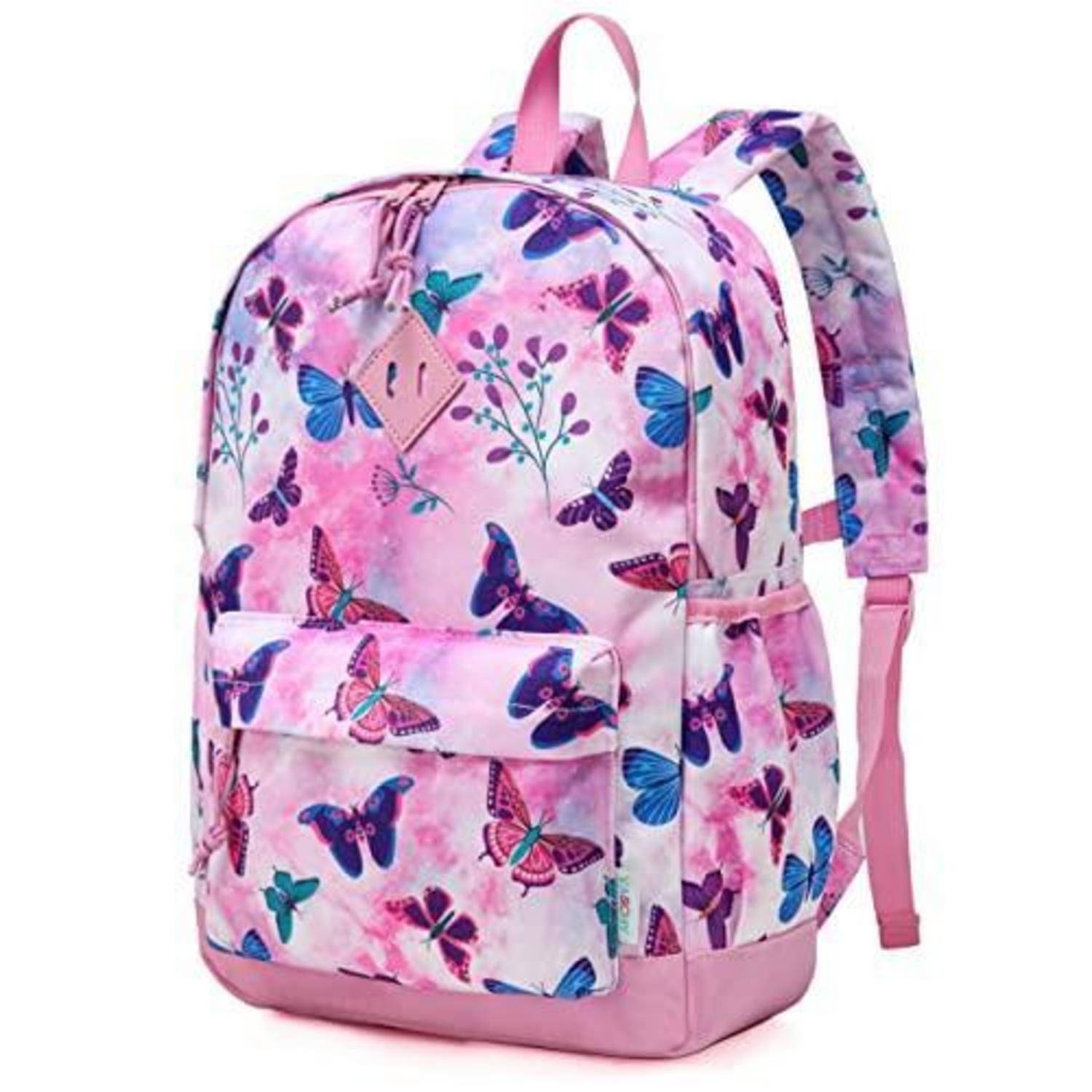Rosa Rucksack mit Schmetterlingsmuster, Vordertasche, Tragegriff und verstellbaren Schultergurten.