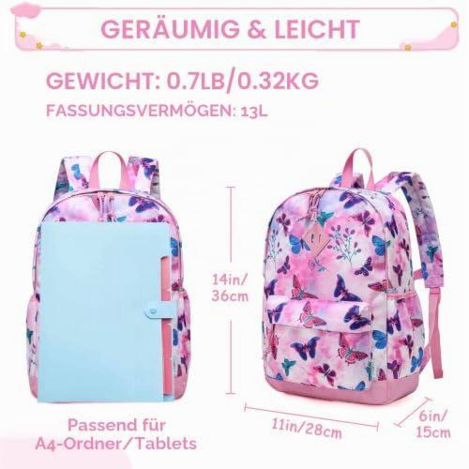 Rosafarbener Blumen-Rucksack in Vorder- und Seitenansicht dargestellt, beschriftet mit „GERÄUMIG & LEICHT