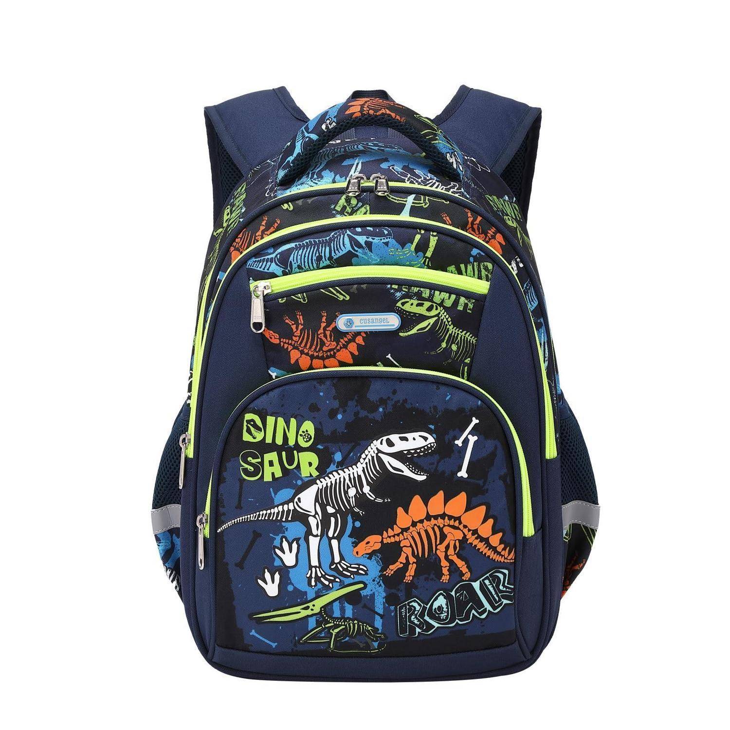 Marineblaues Rucksack mit Dinosaurier-Motiv-Druck und neongrünem Rand, mit mehreren Reißverschlusstaschen und seitlichen Netztaschen.