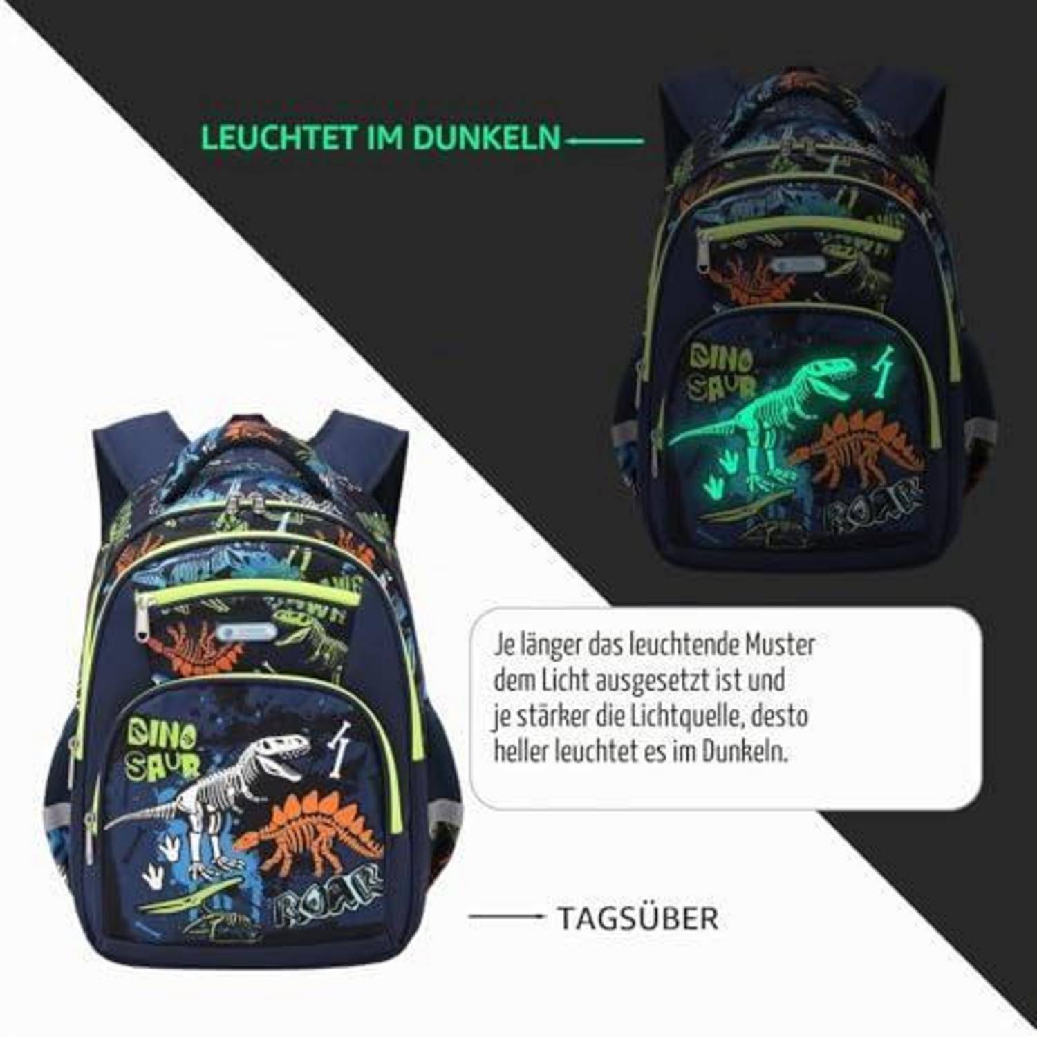 Rucksack bei Tageslicht und leuchtend im Dunkeln dargestellt; Dinosaurier-Design leuchtet auf mit Text 