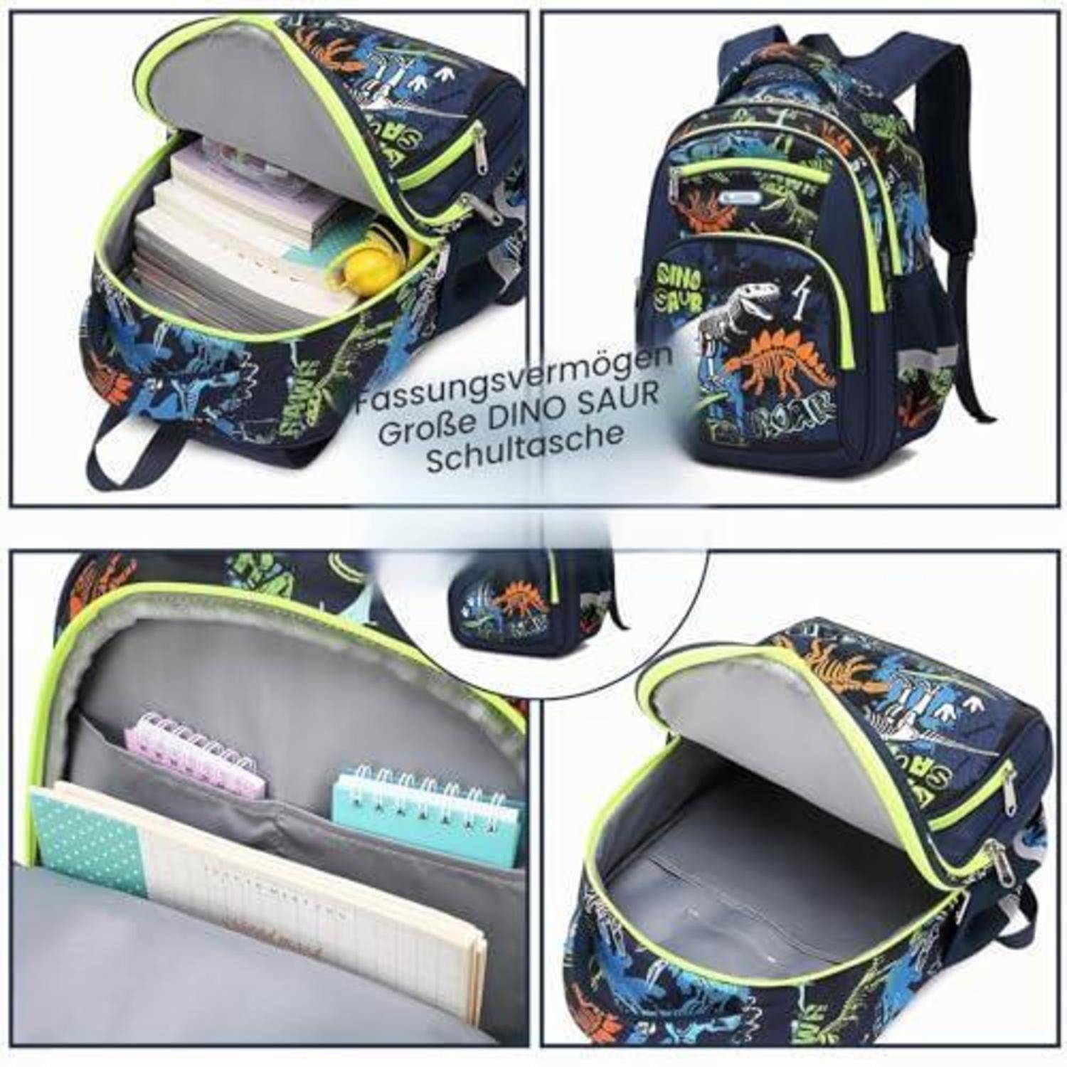 Schulrucksack mit Dinosaurier-Muster, geöffnet und geschlossen dargestellt, mit großem Stauraum und mehreren Fächern für Bücher und Hefte.