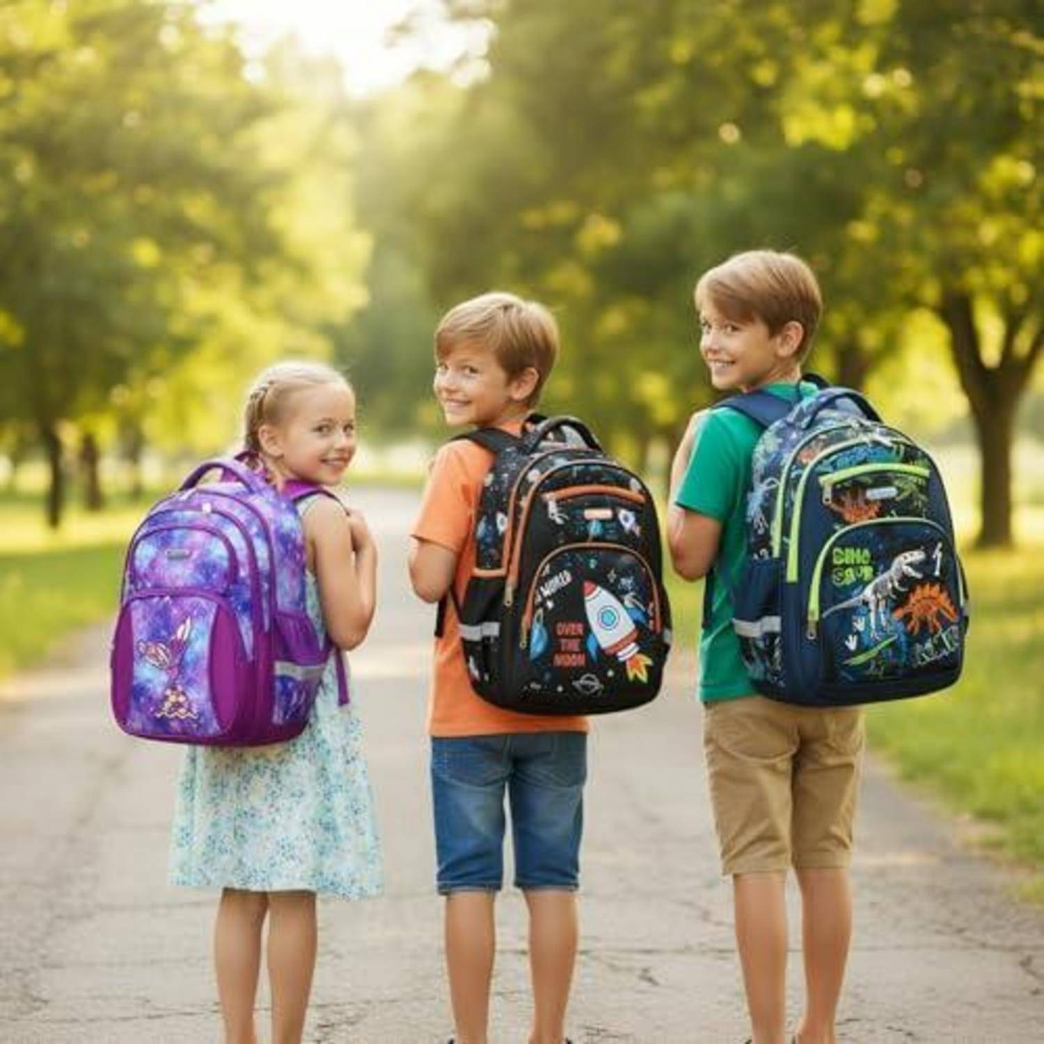Drei lächelnde Kinder mit Rucksäcken stehen auf einem sonnigen Parkweg, dem Fotografen den Rücken zugekehrt, bereit für die Schule.