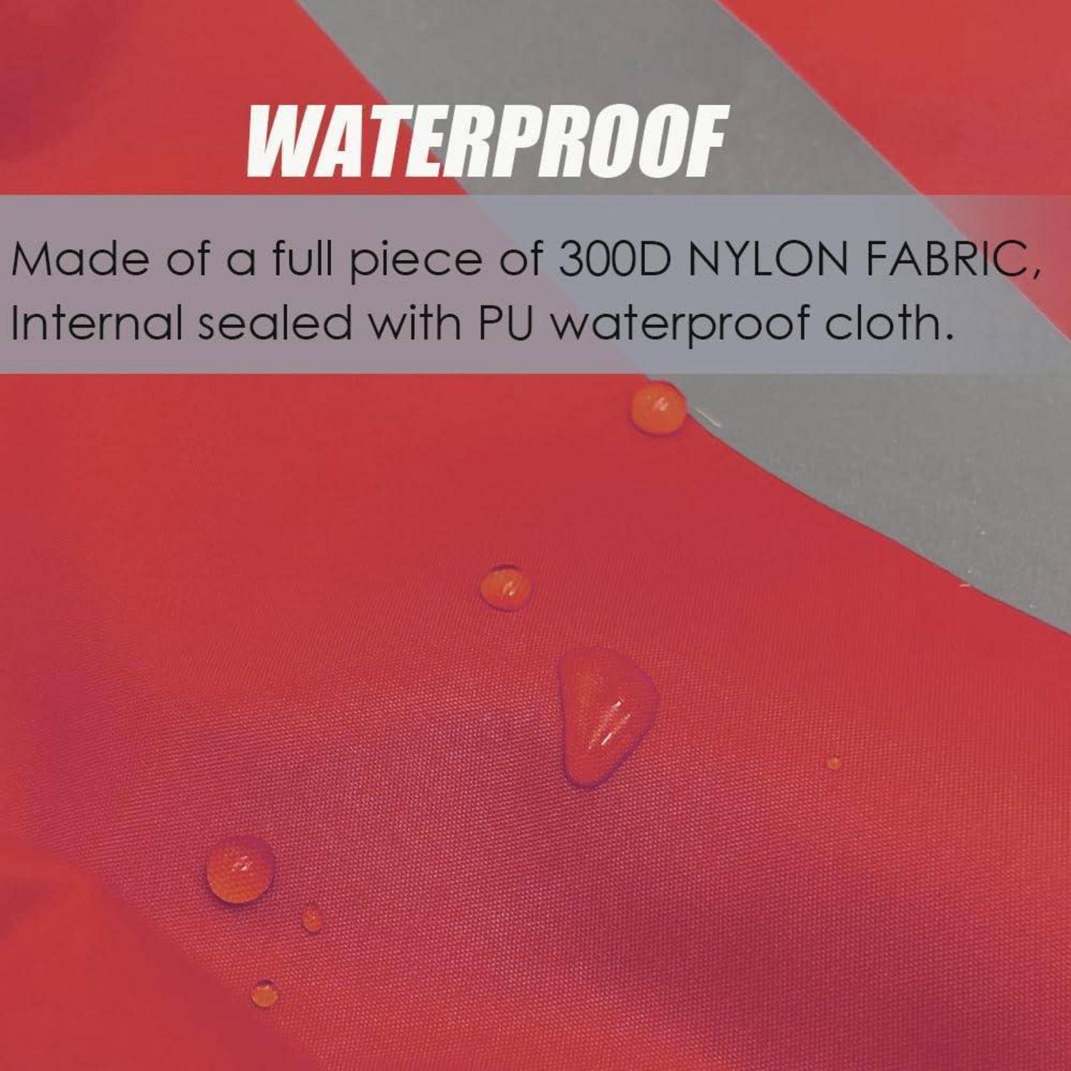 Wasserabweisendes Gewebe mit Wassertropfen, die auf rotem 300D-Nylon perlen; Text sagt „WASSERDICHT" und „Innenseite versiegelt mit PU-Wasserdichtstoff"".