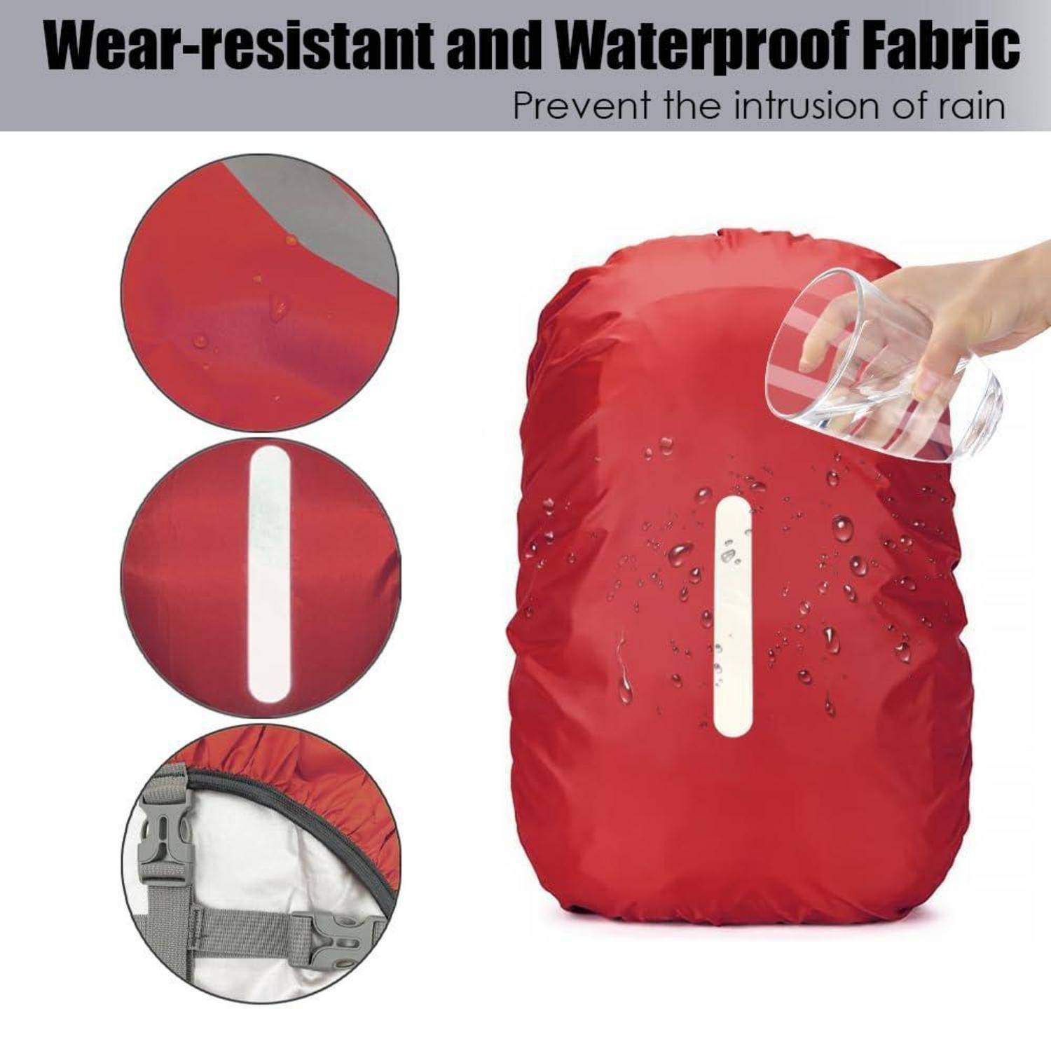 Illustration eines roten Rucksacküberzugs mit der Beschriftung „Verschleißfester und wasserdichter Stoff" und „Verhindert das Eindringen von Regen"", auf dem Wasser abperlt und eine Hand Wasser darauf gießt.