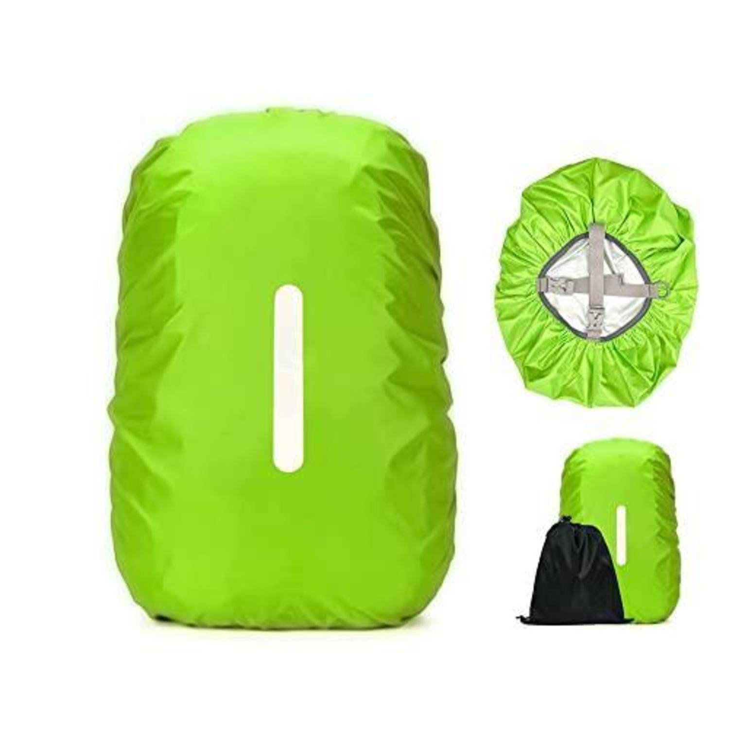Leuchtend grüne wasserdichte Rucksack-Regenschutzhülle von vorne, oben geöffnet und kompakt in einem kleinen schwarzen Aufbewahrungsbeutel verstaut.
