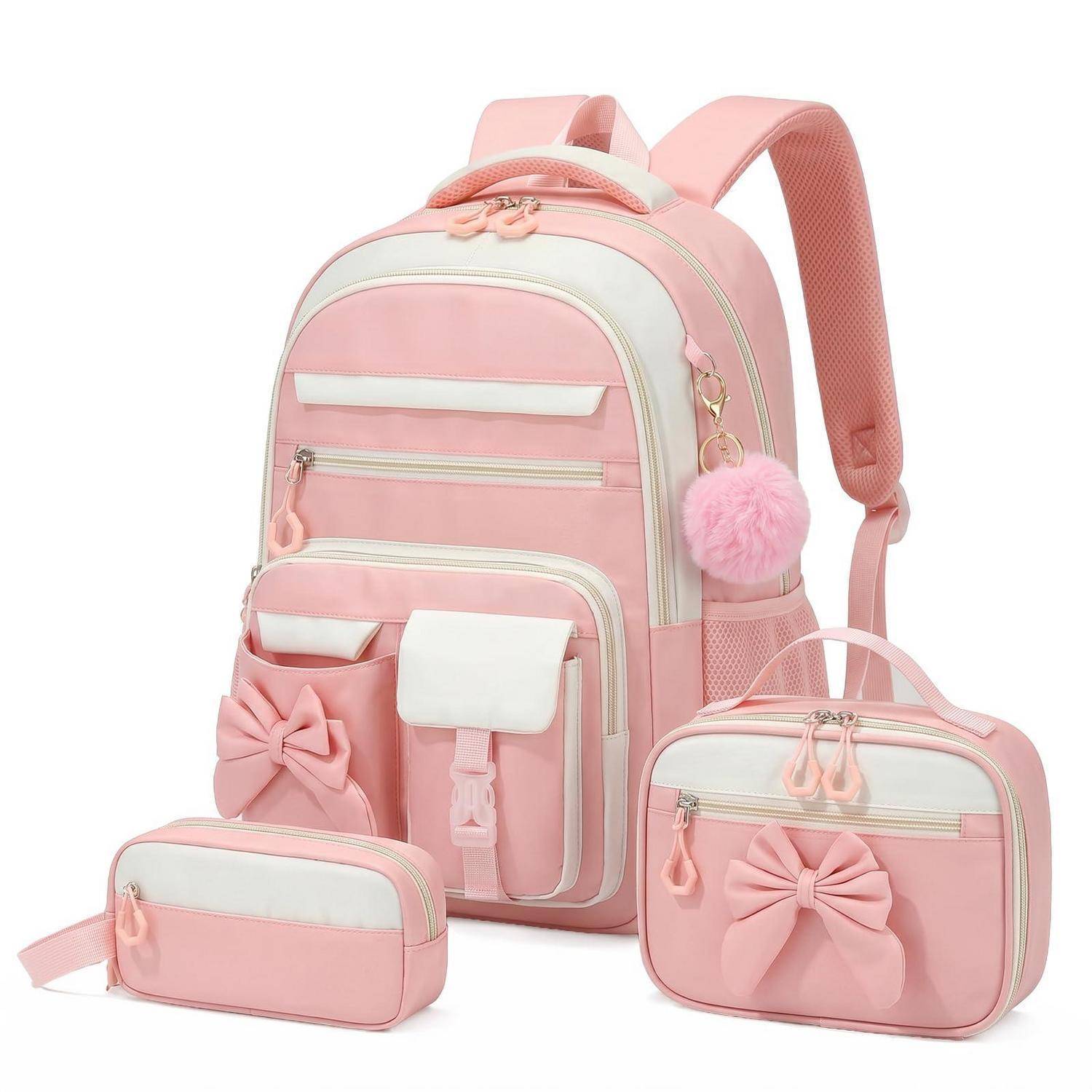 Rosa Schulrucksack-Set mit passendem Lunchpaket und Federmäppchen, mit Schleifendetails und flauschigem Pompom-Anhänger.