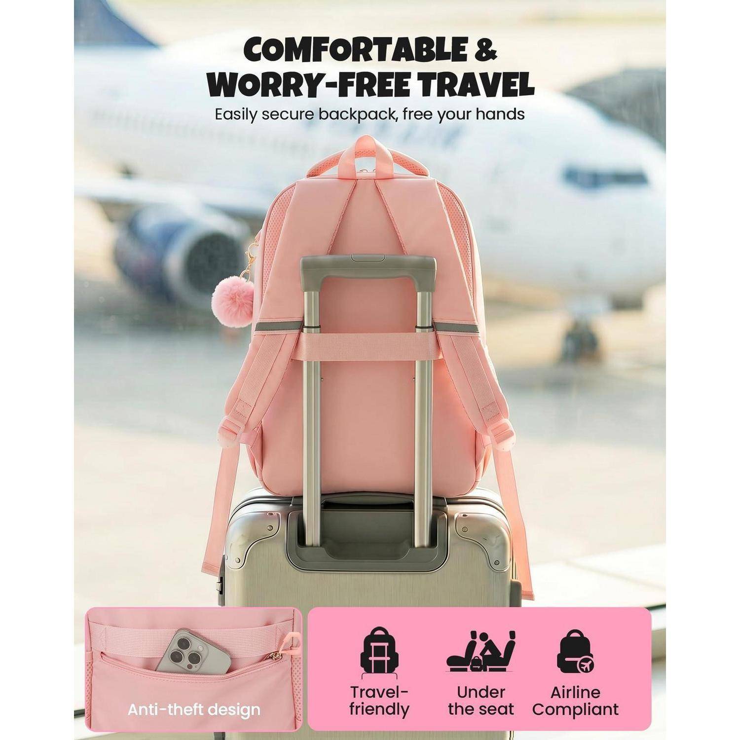 Rosiger Reiserucksack, der an einem Koffergriff auf einem Flughafen befestigt ist, mit Text, der „komfortables und sorgenfreies Reisen