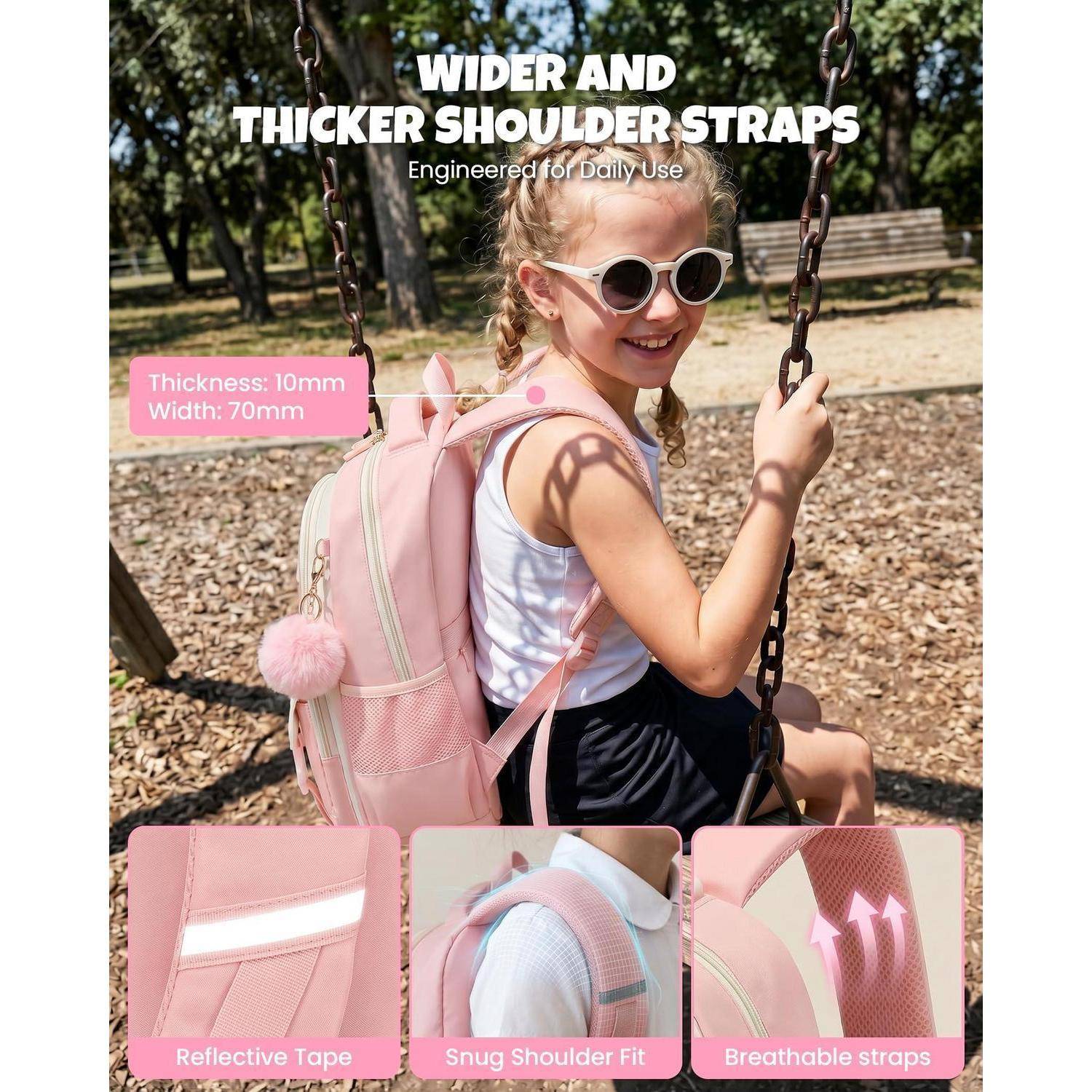 Werbebild eines Mädchens, das einen rosa Rucksack trägt und auf einer Schaukel sitzt, mit Text, der breitere, dickere Schultergurte, 10 mm Dicke, 70 mm Breite, reflektierendes Klebeband, perfekte Passform und atmungsaktive Gurte hervorhebt.