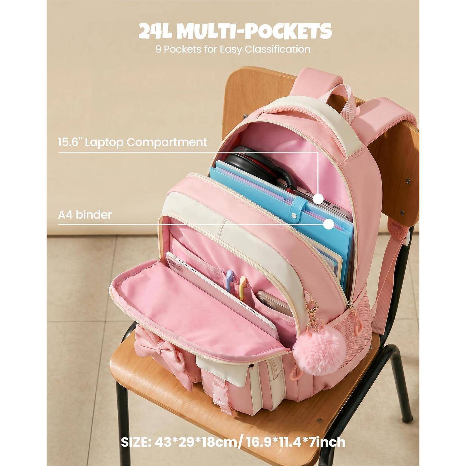 Rosafarbener Mehrtaschen-Rucksack auf einem Stuhl, gezeigt als Produktanzeige mit Hervorhebung der 24-Liter-Kapazität, 9 Taschen, 15,6-Zoll-Laptopfach, A4-Ordner und Größe 43×29×18 cm.