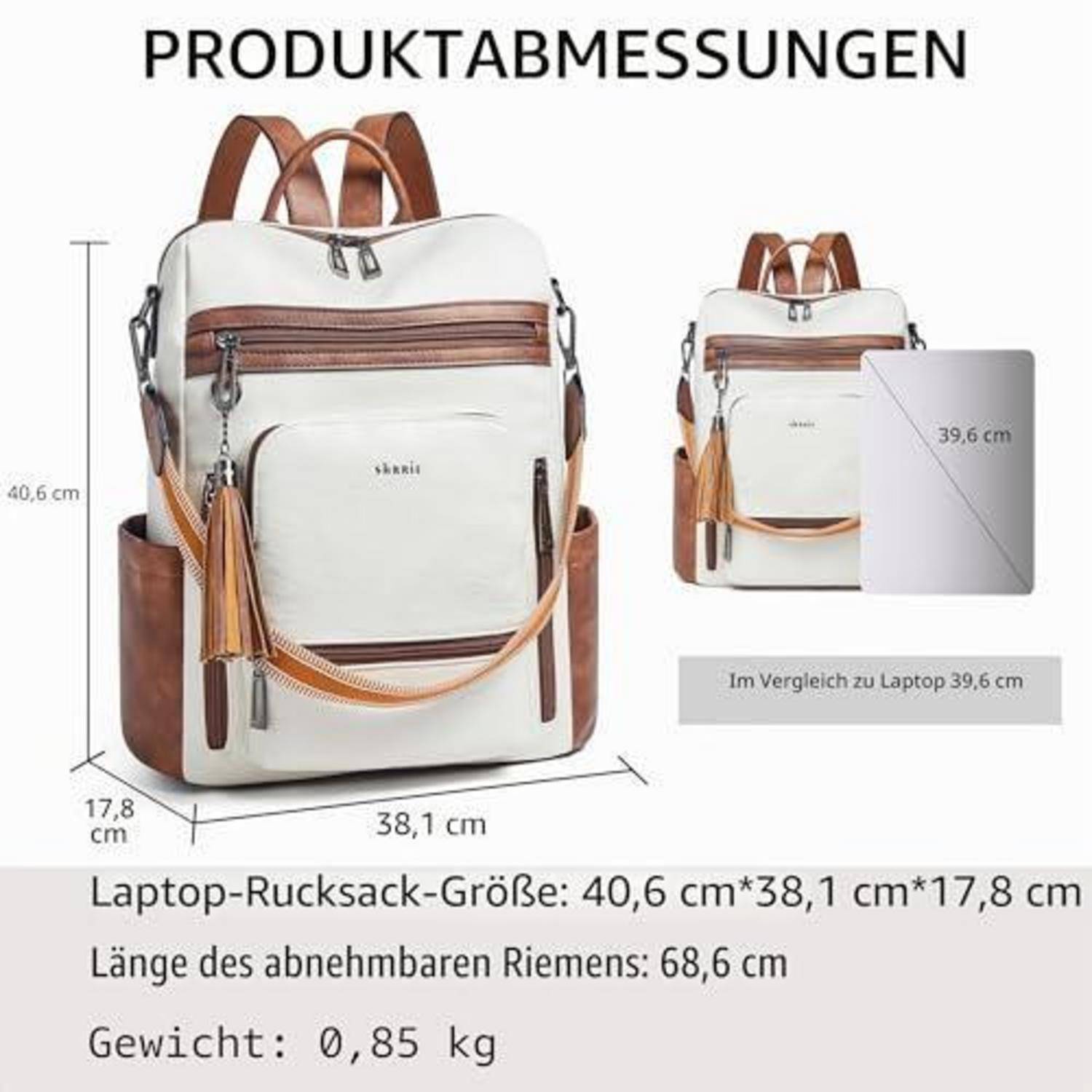 Deutsches Produktbild eines Laptop-Rucksacks mit Abmessungen von 40,6 x 38,1 x 17,8 cm, abnehmbarer Riemen 68,6 cm, Gewicht 0,85 kg und einem Laptop-Vergleich von 39,6 cm.