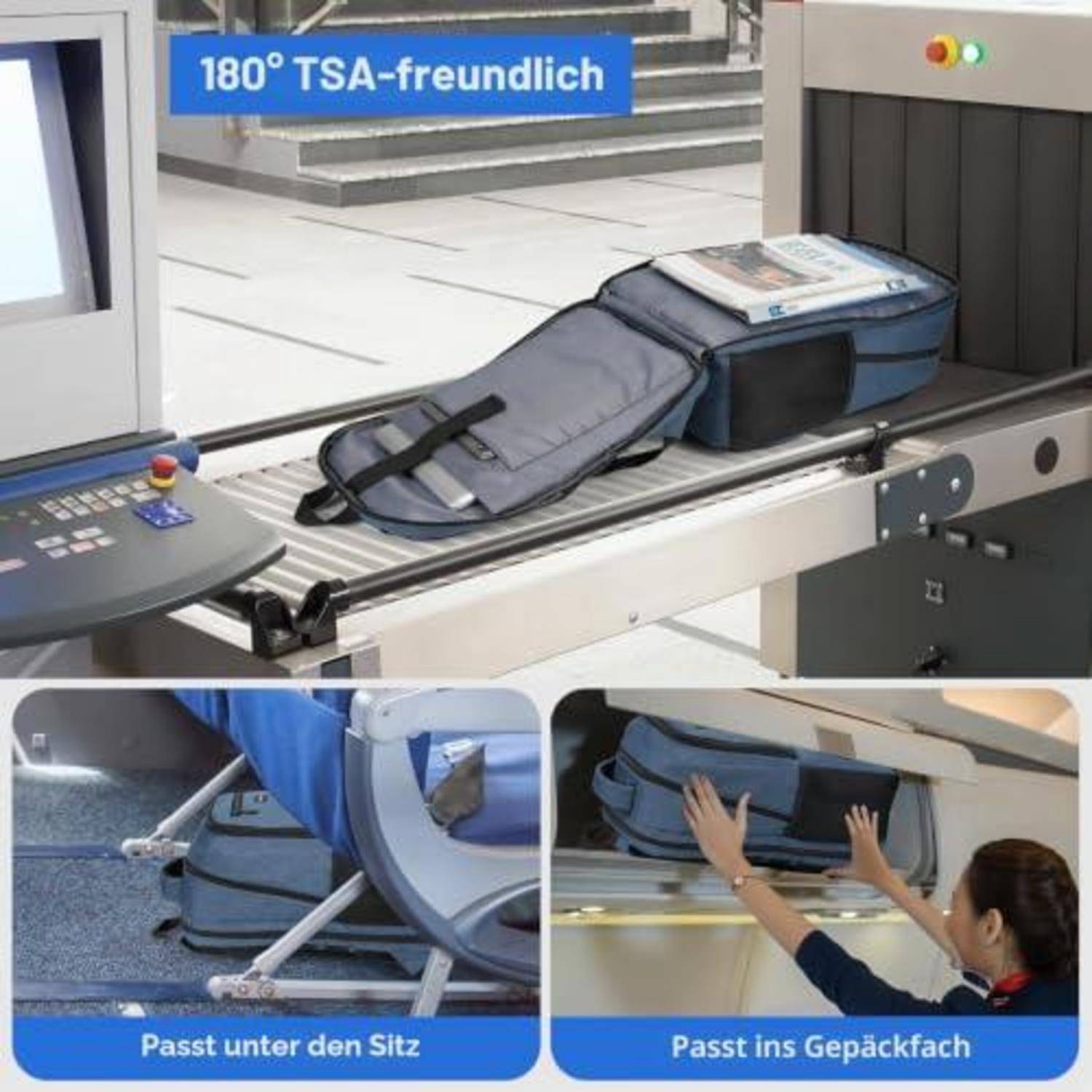 Sicherheitsscannerbilder am Flughafen zeigen einen Rucksack, der unter einen Flugzeugsitz passt und in das Gepäckfach oben, gekennzeichnet mit „180° TSA-freundlich