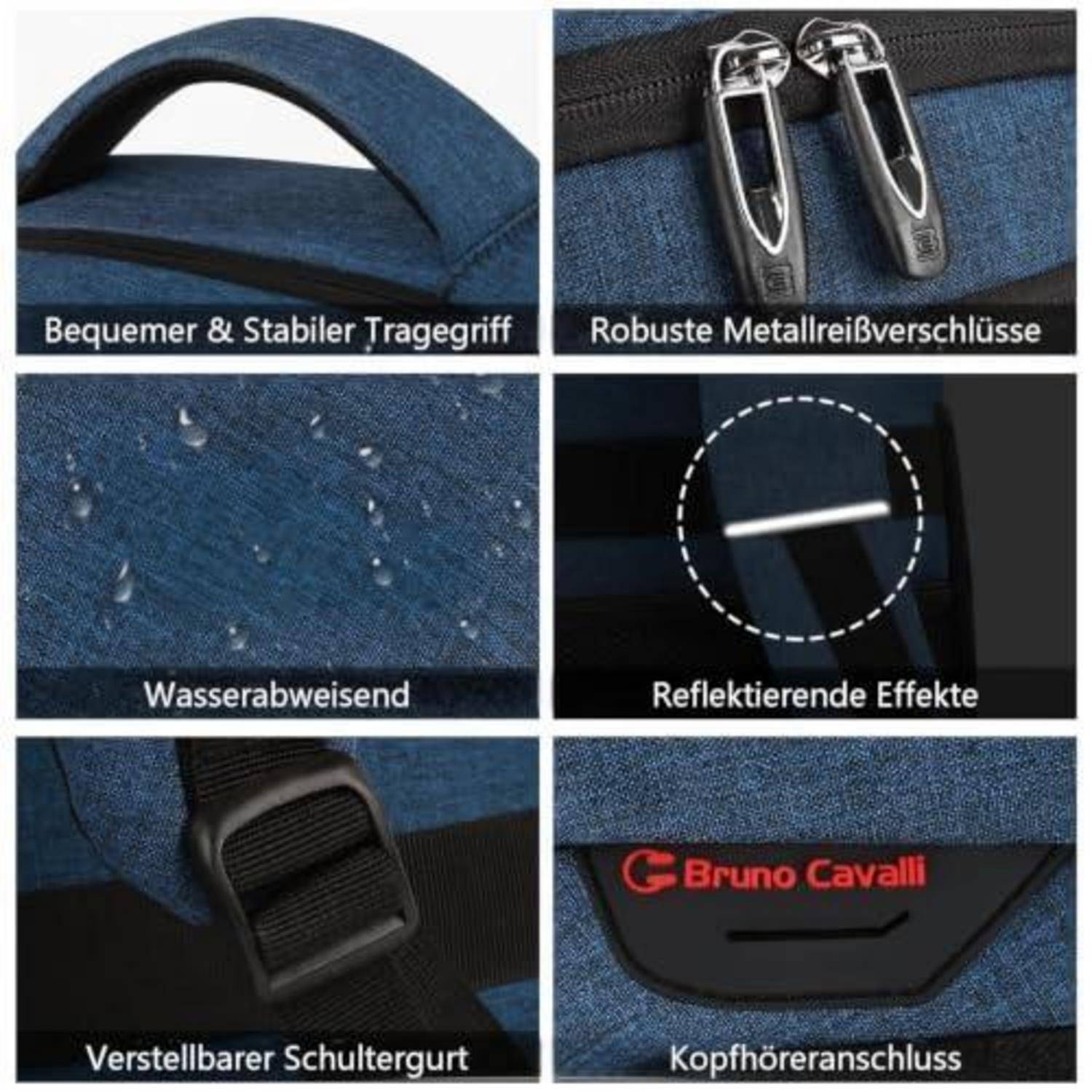 Collage zeigt die Merkmale einer blauen Tasche: robuster Griff, Metallreißverschlüsse, wasserabweisendes Gewebe, reflektierender Streifen, verstellbarer Schultergurt und Kopfhörerbuchse.
