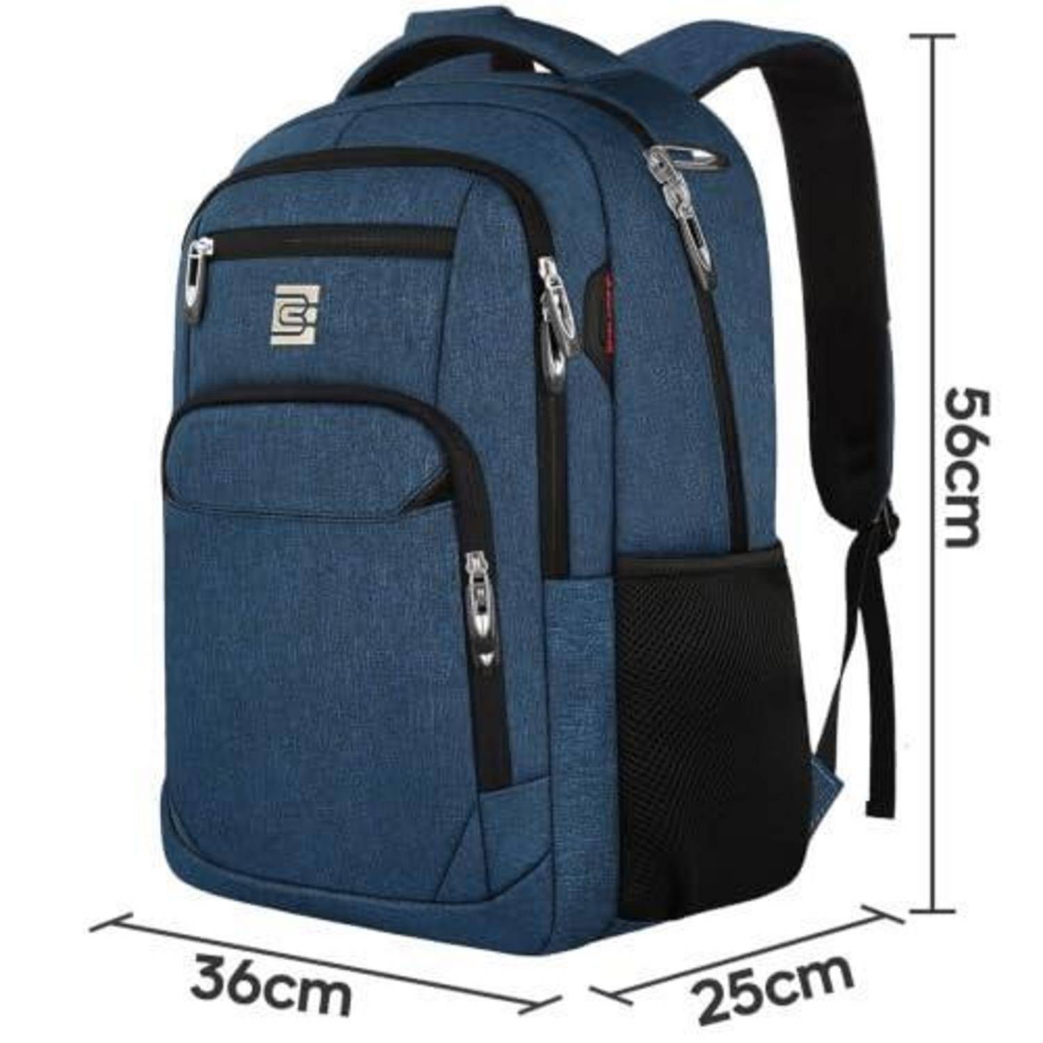Blauer Rucksack mit mehreren Reißverschlussfächern, seitlicher Netztasche und Schultergurten; gekennzeichnete Abmessungen 56 cm hoch, 36 cm breit, 25 cm tief.