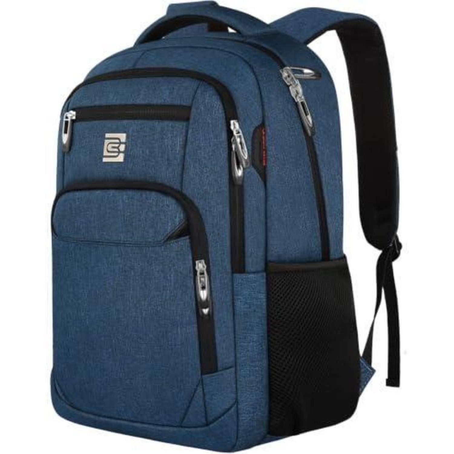 Blauer Rucksack mit mehreren Reißverschlussfächern, Frontentasche und seitlicher Netztasche, auf weißem Hintergrund dargestellt.