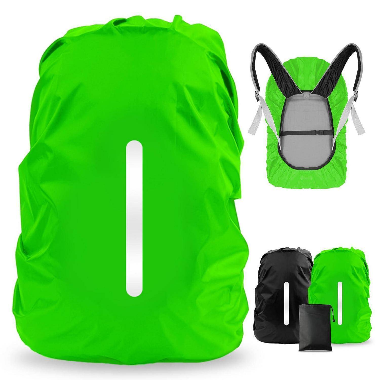 Hellgrüne Regenschutzhaube für Rucksäcke mit einem vertikalen reflektierenden Streifen, gezeigt von vorne, hinten und in gefalteten schwarzen und grünen Versionen.