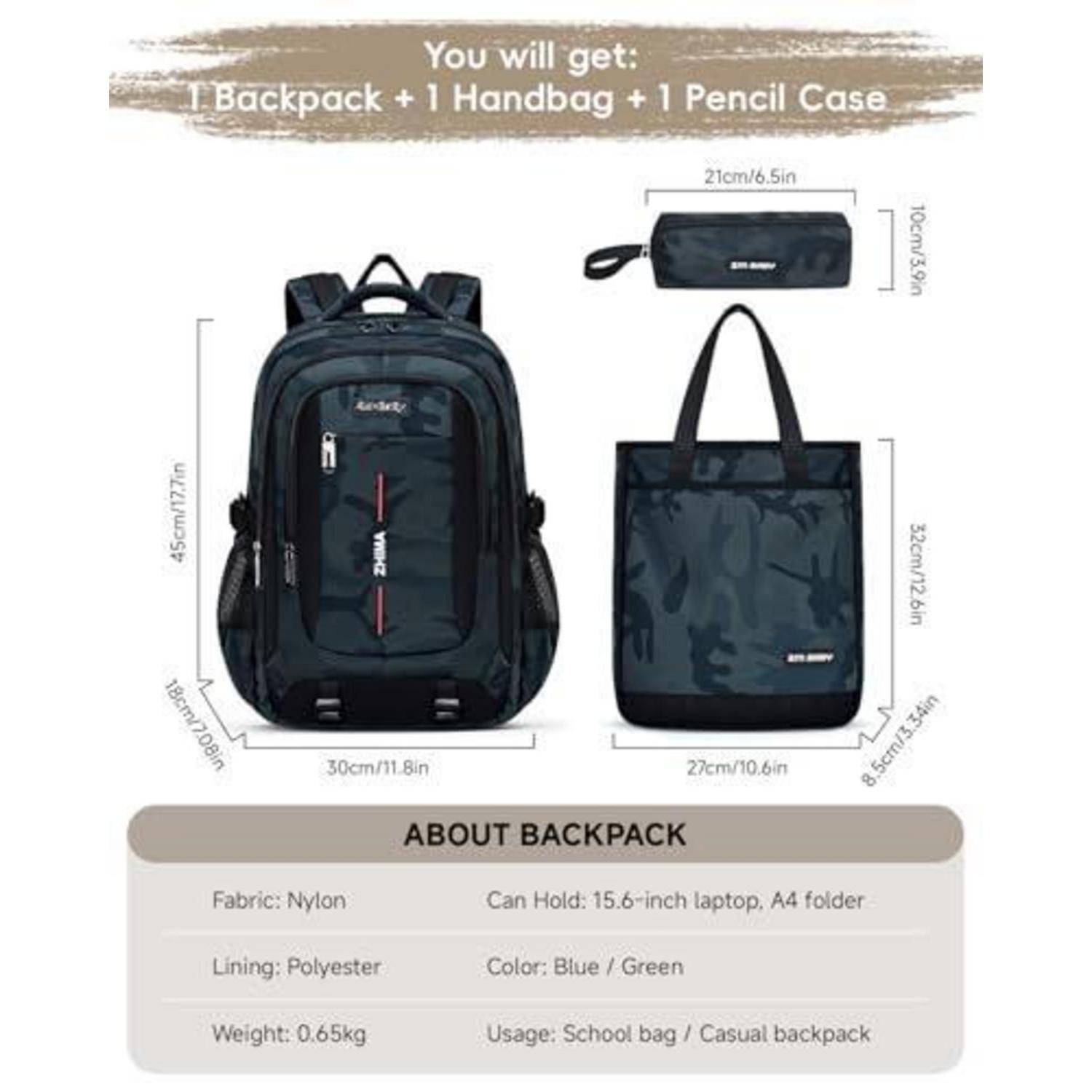 Produktbild zeigt ein Rucksack-Set: ein Rucksack, eine Tragetasche und ein Stiftetui, mit Abmessungen und Rucksack-Details unten aufgelistet.