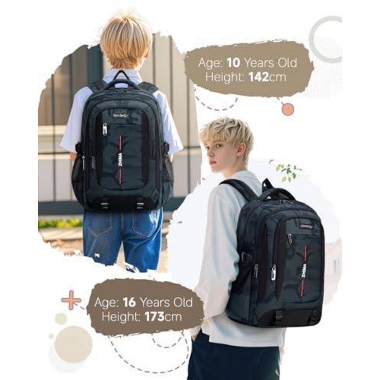 Rucksack, gezeigt an Jungen verschiedener Altersgruppen, mit den Beschriftungen „Alter: 10 Jahre Alt Größe: 142 cm