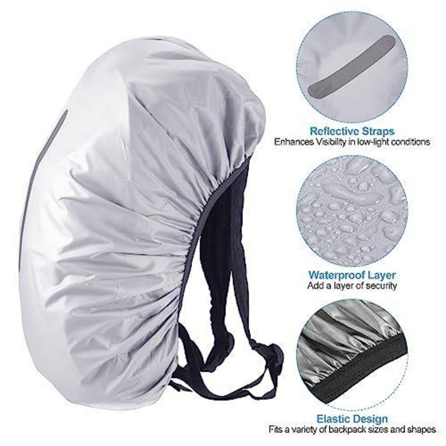 Grauer wasserdichter Rucksackschutz mit schwarzen Riemen, gezeigt mit Beschriftungen für reflektierende Riemen, wasserdichte Schicht und elastisches Design.