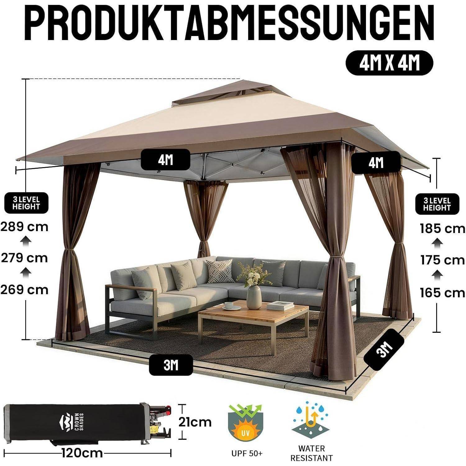 Produktdimensionsdiagramm eines 4m x 4m Pavillons: 289/279/269 cm Höhenoptionen, 185/175/165 cm Seitenhöhen, 120 cm Packungslänge, UPF 50+ und wasserabweisend.