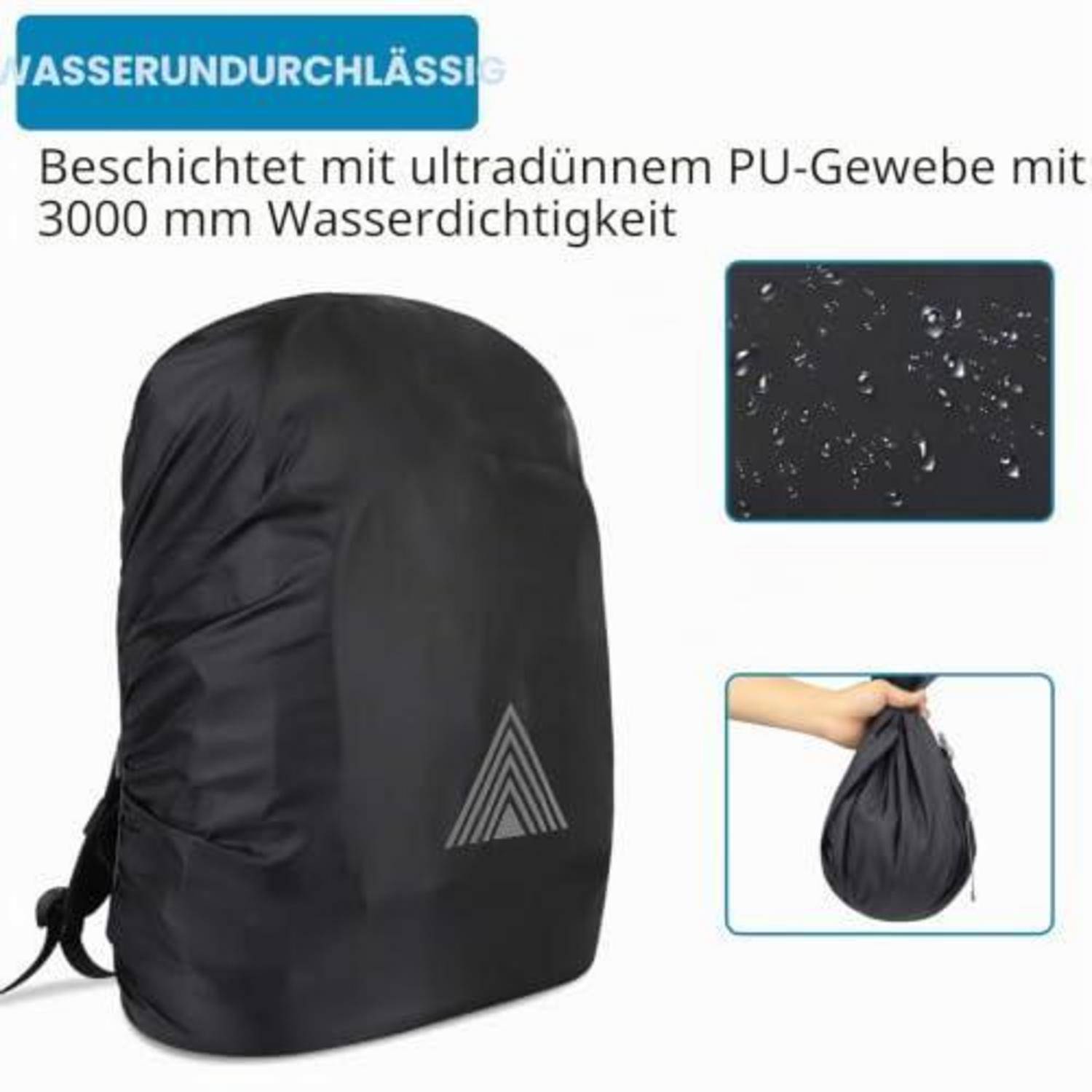 Schwarze wasserdichte Rucksackhülle mit einem "WASSERUNDURCHLÄSSIG""-Etikett, 3000 mm wasserdichtes Gewebe und eingefügte Bilder, die Wasserbeständigkeit und Aufbewahrungstasche zeigen.