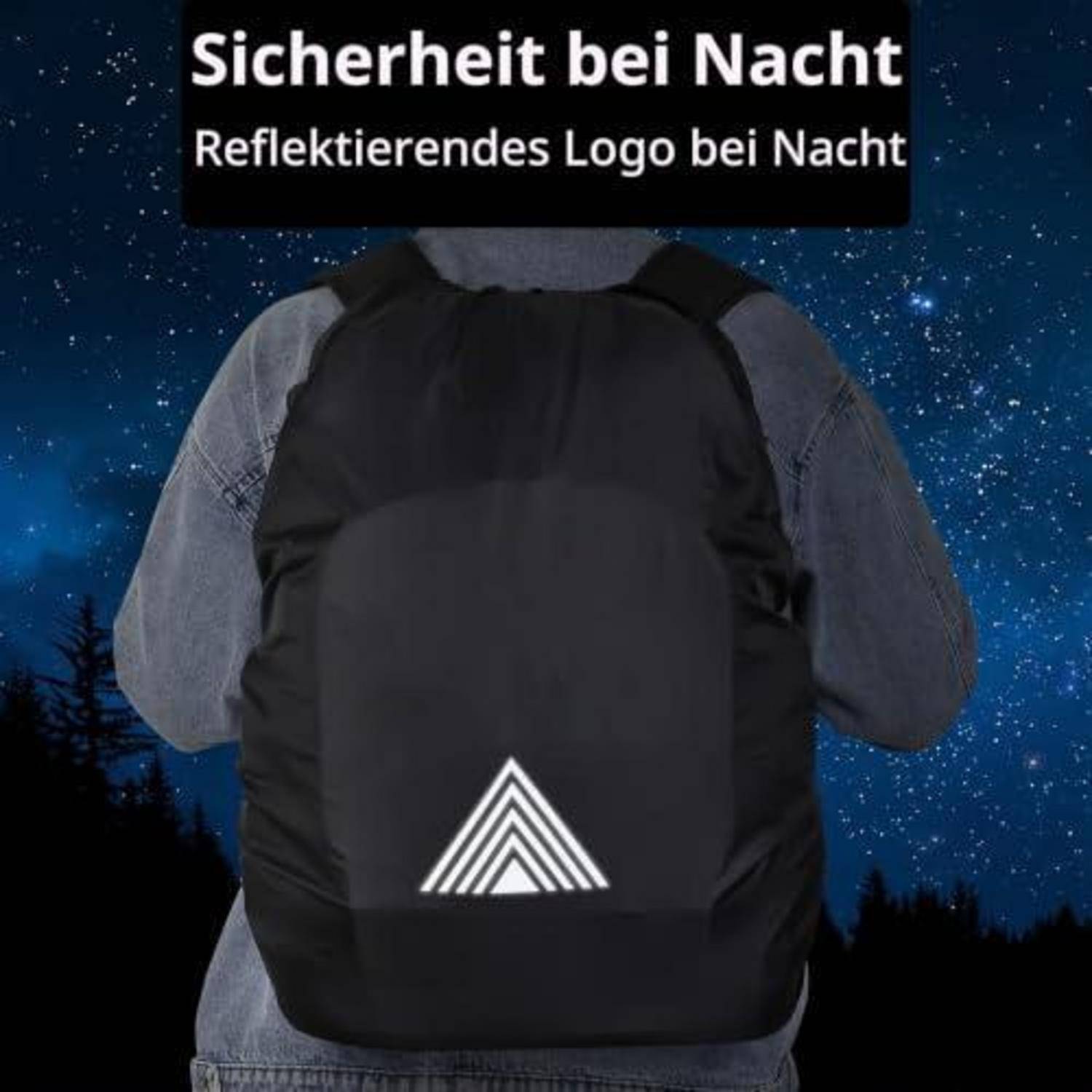 Person, die nachts einen schwarzen Rucksack mit reflektivem Logo trägt; deutscher Text lautet „Sicherheit bei Nacht" und „Reflektierendes Logo bei Nacht"".