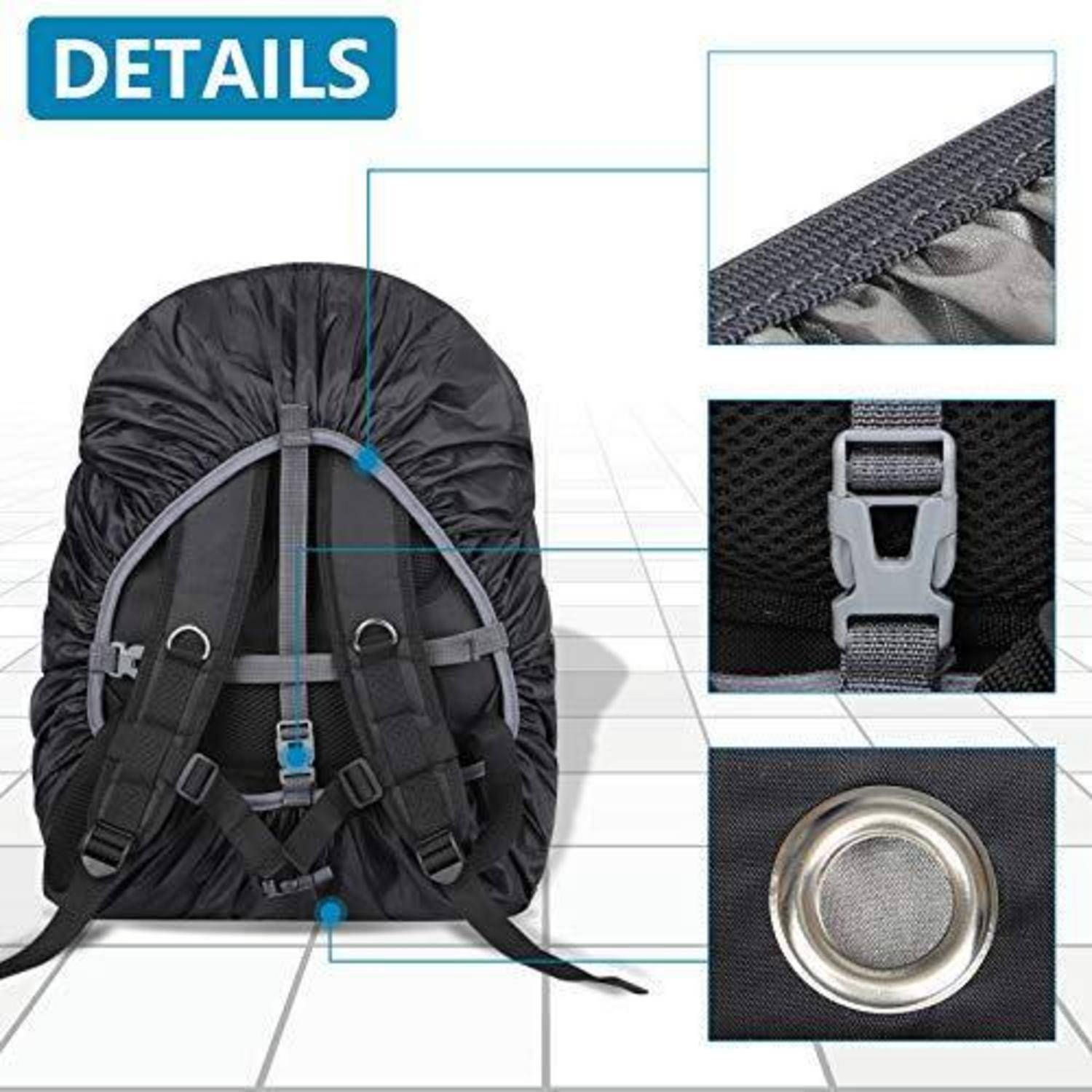 Rückansicht eines Rucksacks mit Riemen und Abdeckung, dargestellt mit Detailansätzen der Stoffkante, Schnalle und Metallöse.