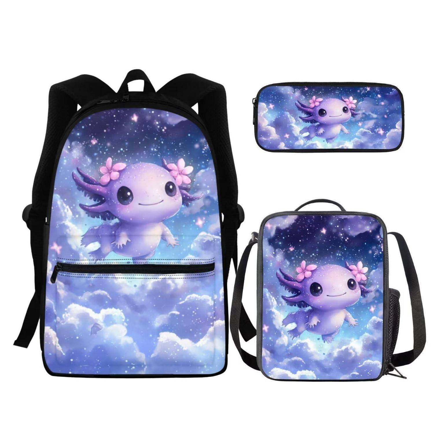 Rucksack-, Lunchbox- und Federmäppchen-Set mit einem violetten Axolotl in einem wolkigen Sternenhimmel-Design.