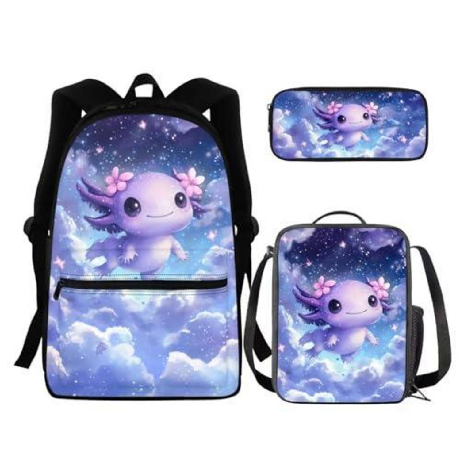 Rucksack, Lunchbox und Federmäppchen-Set mit einem lila Cartoon-Axolotl auf einem Sternenhimmel-Wolkenhintergrund.