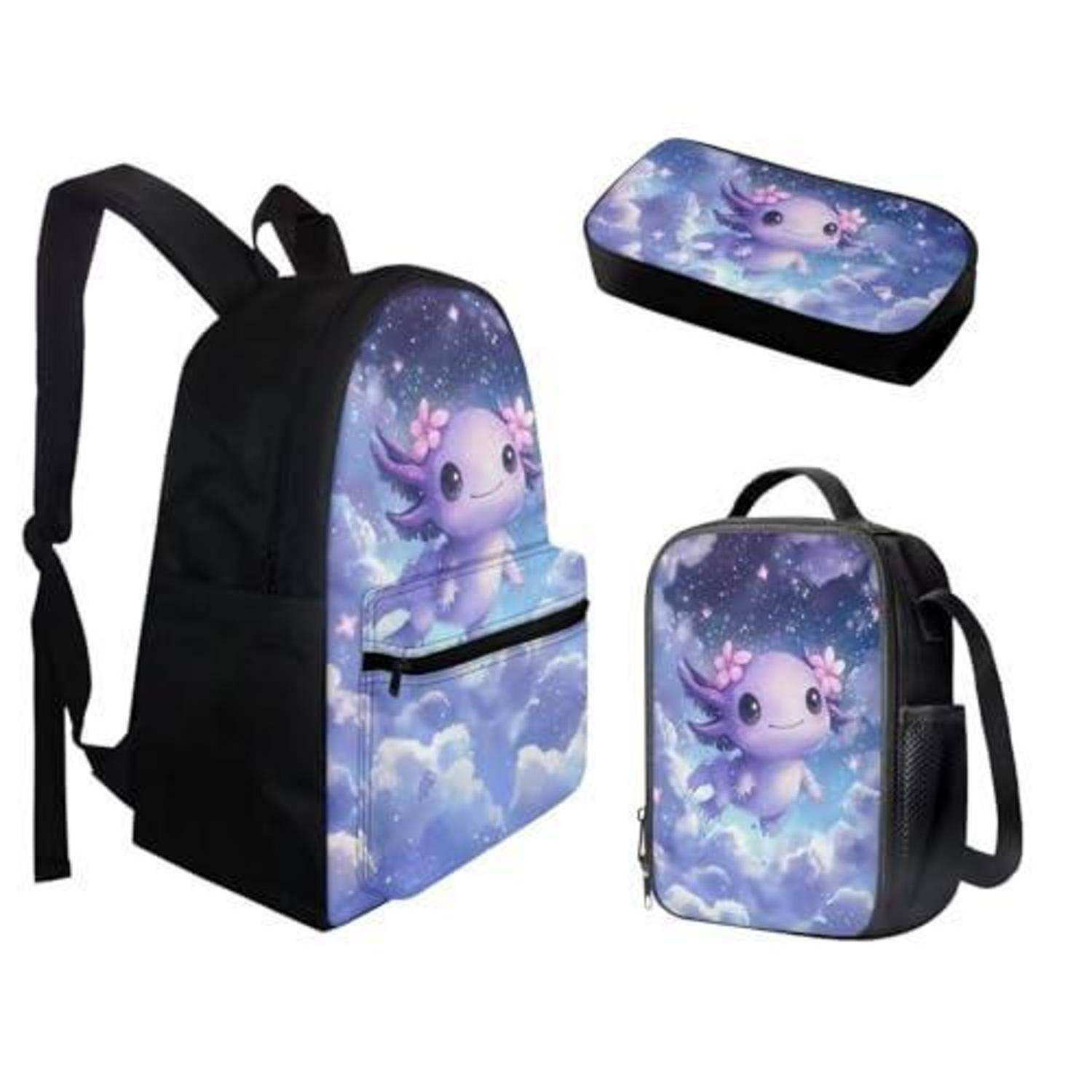 chaqlin Schultaschen-Set 3-teilig Axolotl Rucksack Lunchbox Federmäppchen