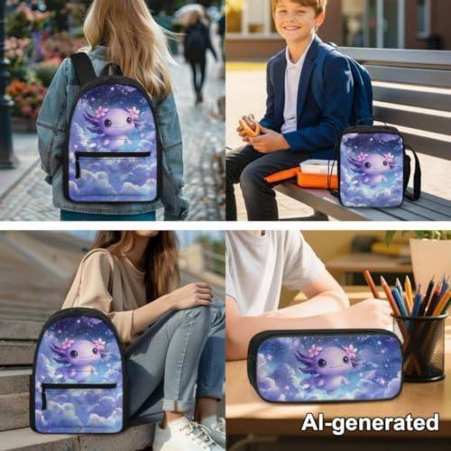chaqlin Schultaschen-Set 3-teilig Axolotl Rucksack Lunchbox Federmäppchen