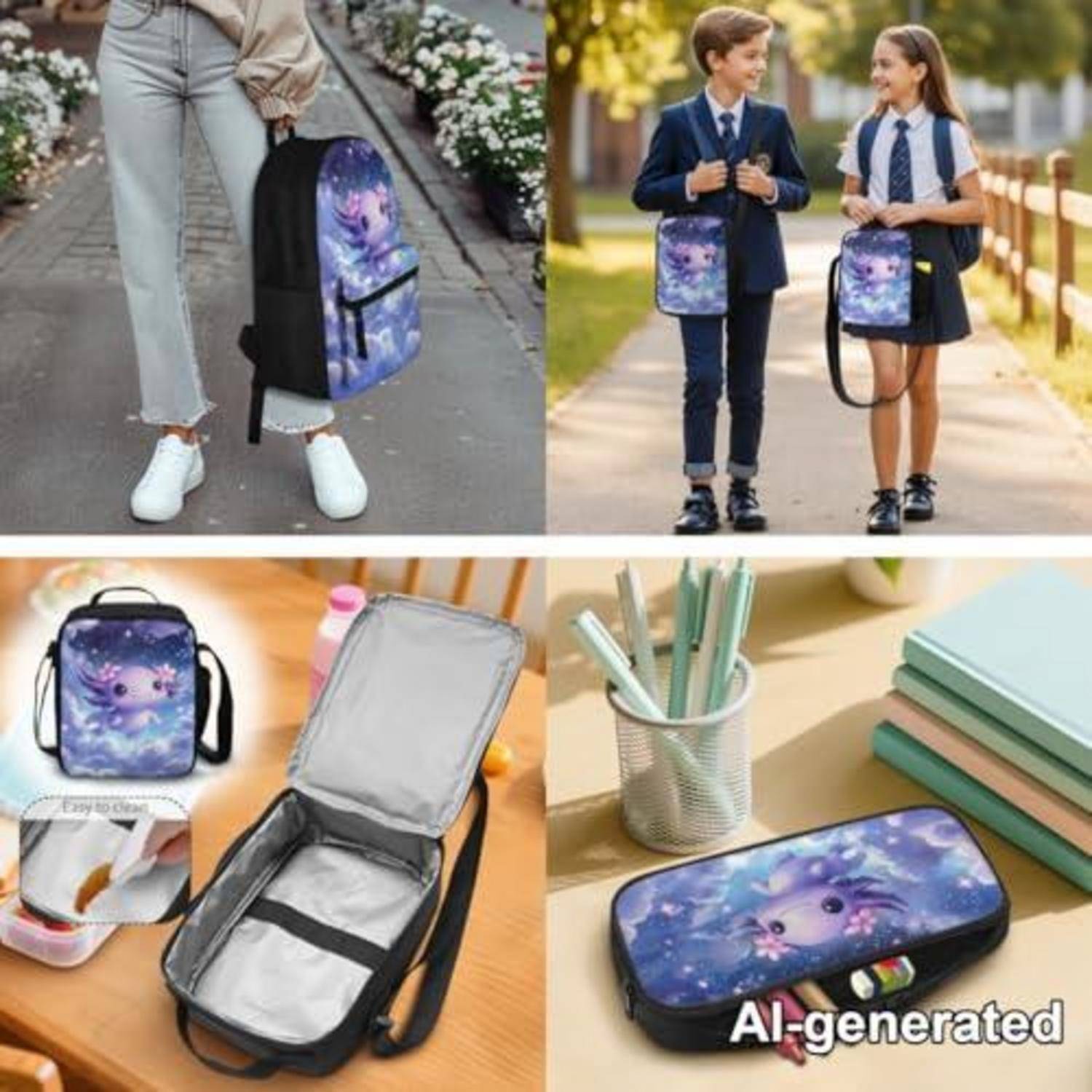 chaqlin Schultaschen-Set 3-teilig Axolotl Rucksack Lunchbox Federmäppchen