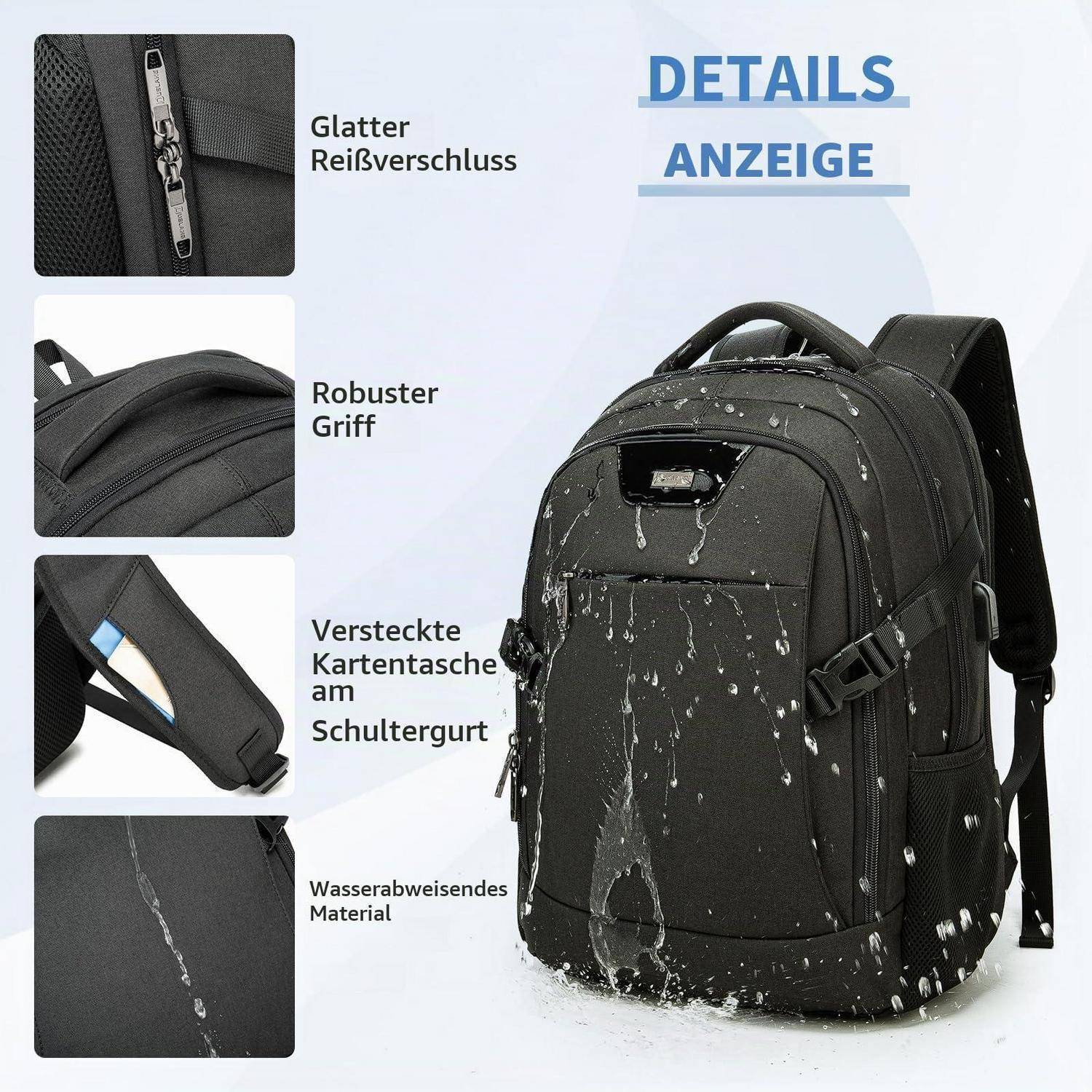 VINBAGGE Rucksack wasserdicht 15,6 Zoll Laptop mit USB-Anschluss Schwarz