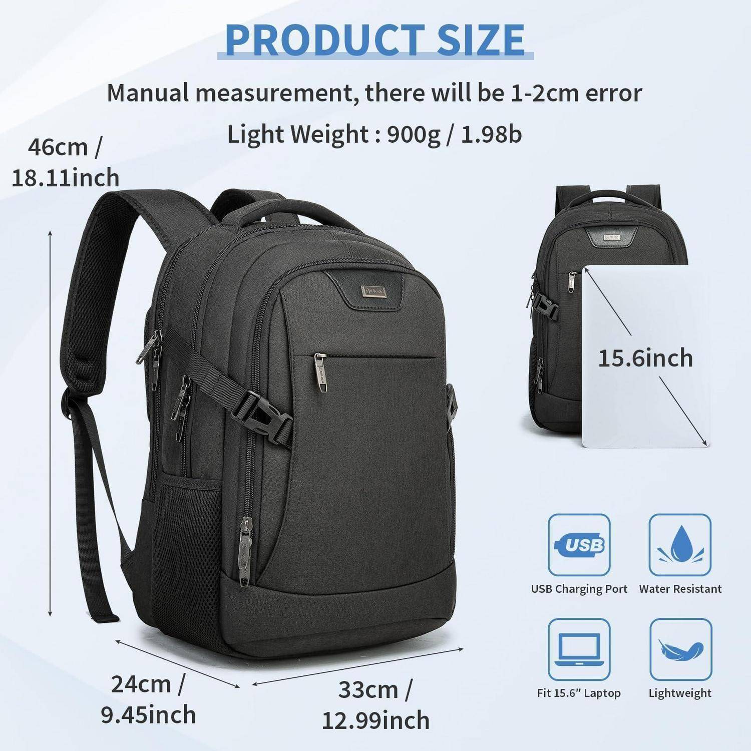 VINBAGGE Rucksack wasserdicht 15,6 Zoll Laptop mit USB-Anschluss Schwarz