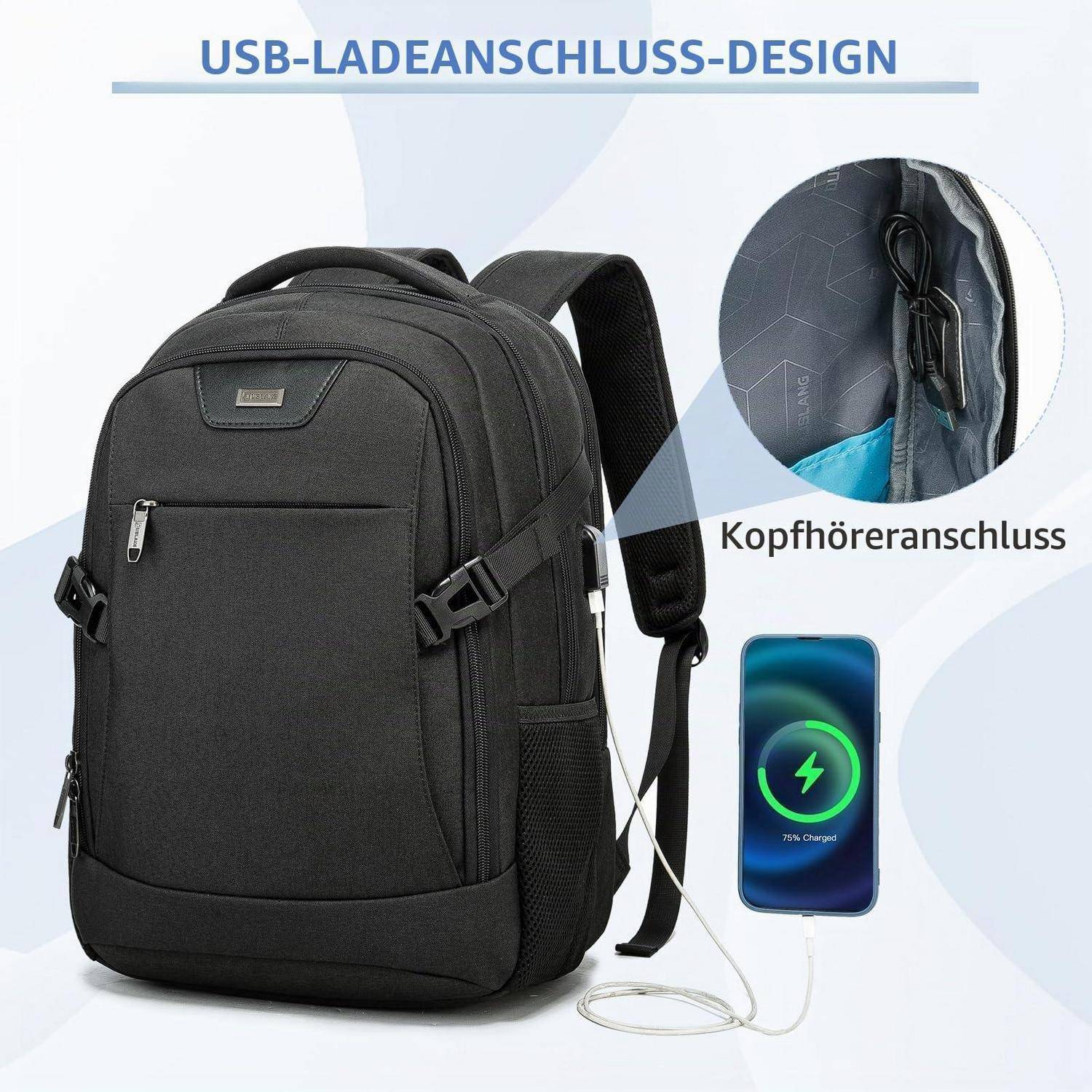 VINBAGGE Rucksack wasserdicht 15,6 Zoll Laptop mit USB-Anschluss Schwarz