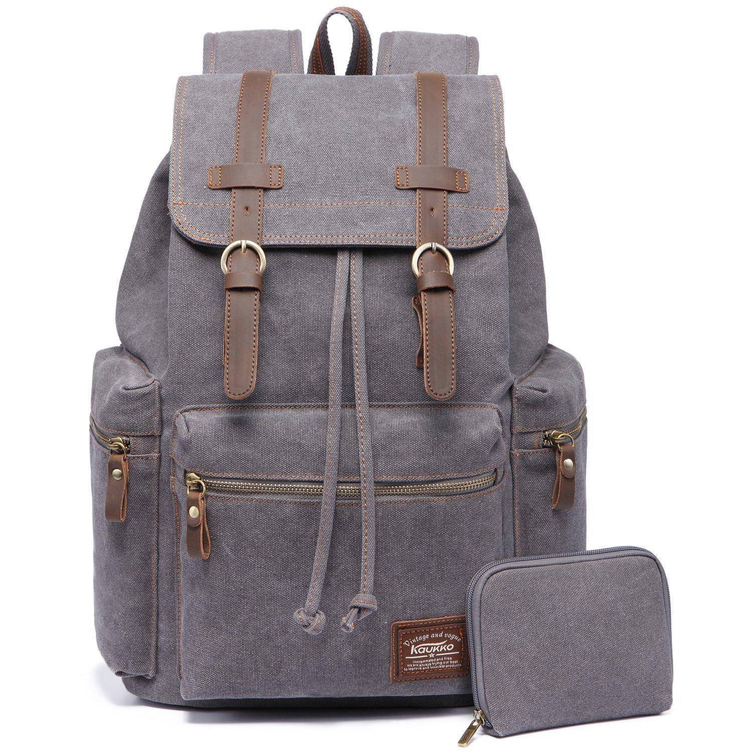 KAUKKO Vintage Rucksack Canvas Leder 27x16x41cm Grau 19.2L Laptopfach
