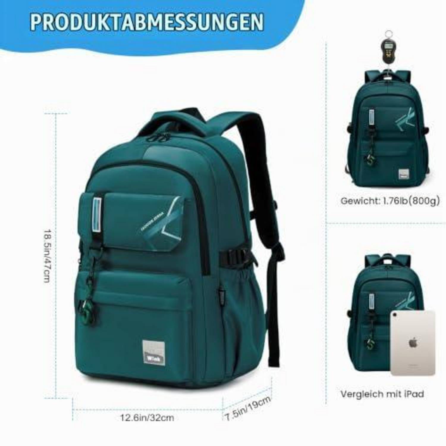 Schulrucksack Dunkelgrün mit Laptopfach und Trolley-Schlaufe