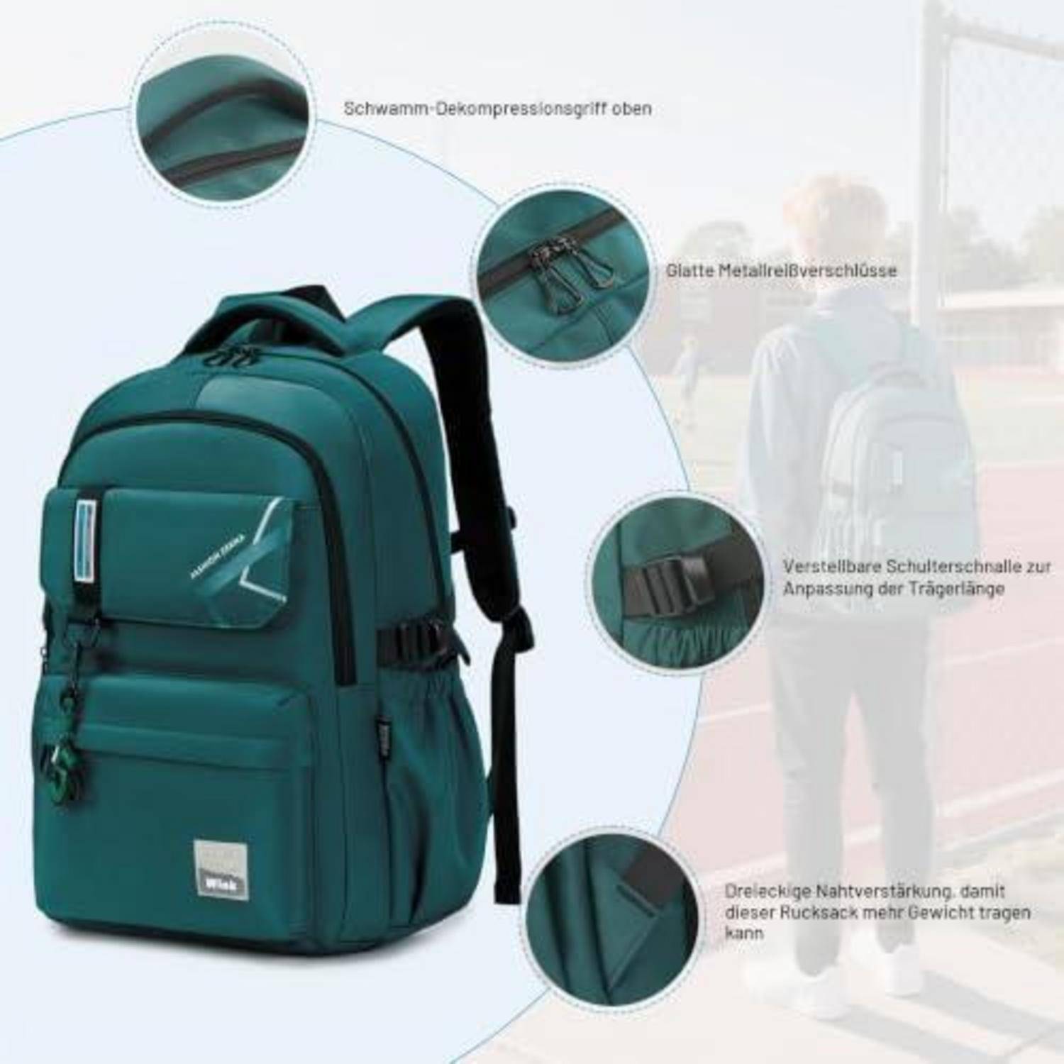 Schulrucksack Dunkelgrün mit Laptopfach und Trolley-Schlaufe