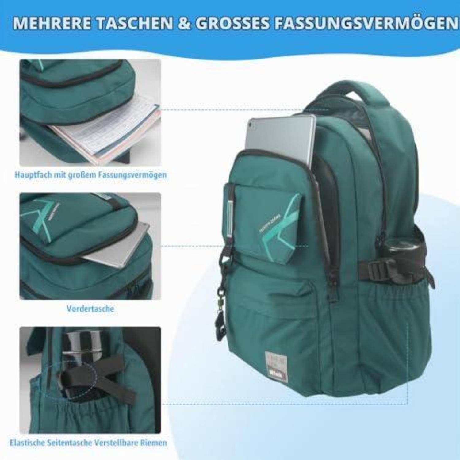 Schulrucksack Dunkelgrün mit Laptopfach und Trolley-Schlaufe