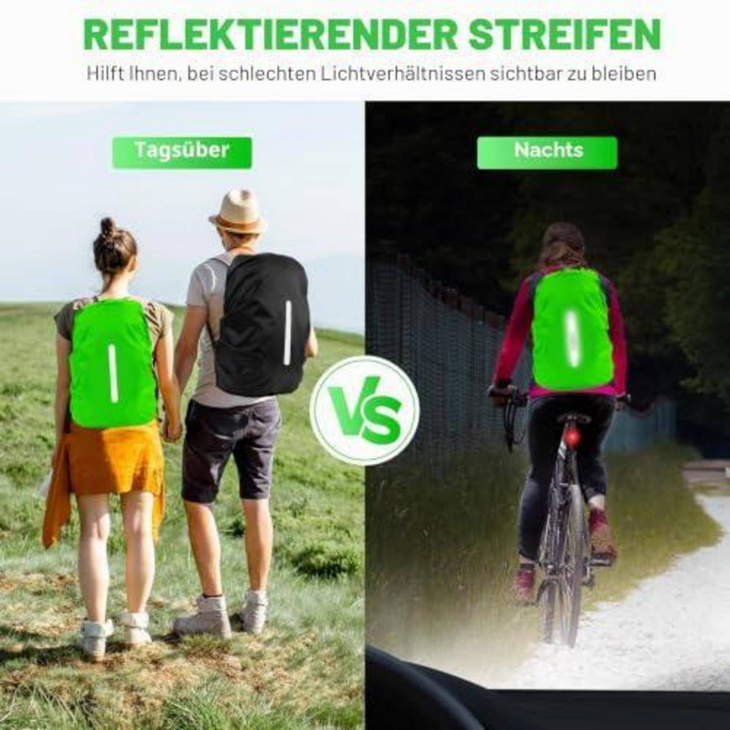 Regenhülle Rucksack 56-70L wasserdicht mit Reflektor Schwarz Grün